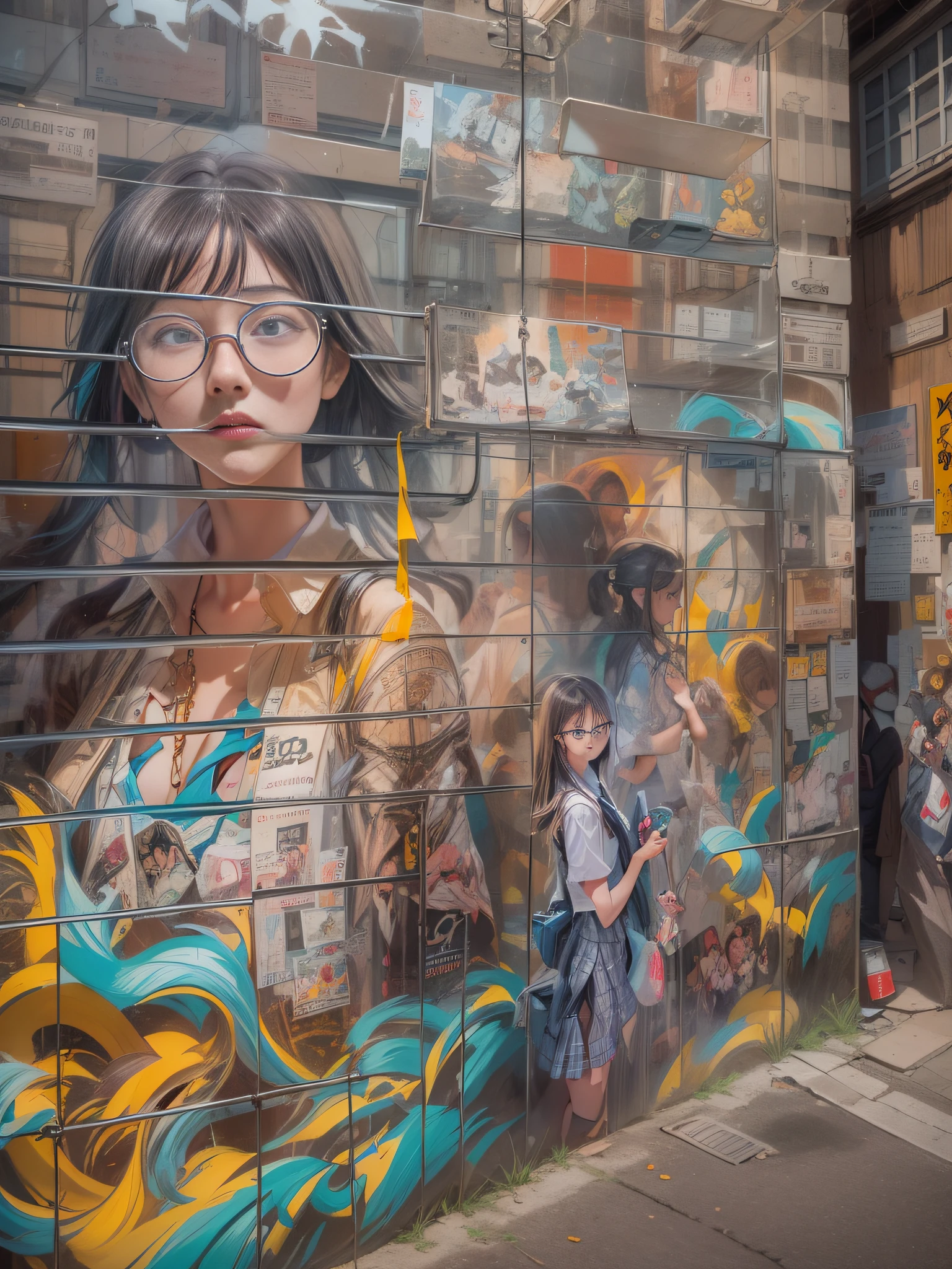 Vivid and beautiful murals by street art、Create a piece with an urban feel、With a powerful work that makes you feel free expression、Incorporate spray art and graffiti elements。Cityscape surrounded by colorful walls、Drawing a landscape of a schoolgirl、3 girls in different poses、Japanese high school girl、Wearing uniforms,eye glasses,small tits、Drawing on the wall with a brush、Wide Shot, Anatomically correct, Textured skin, awardwinning、Street Art Background、wide angles, 35 mm, canon、
