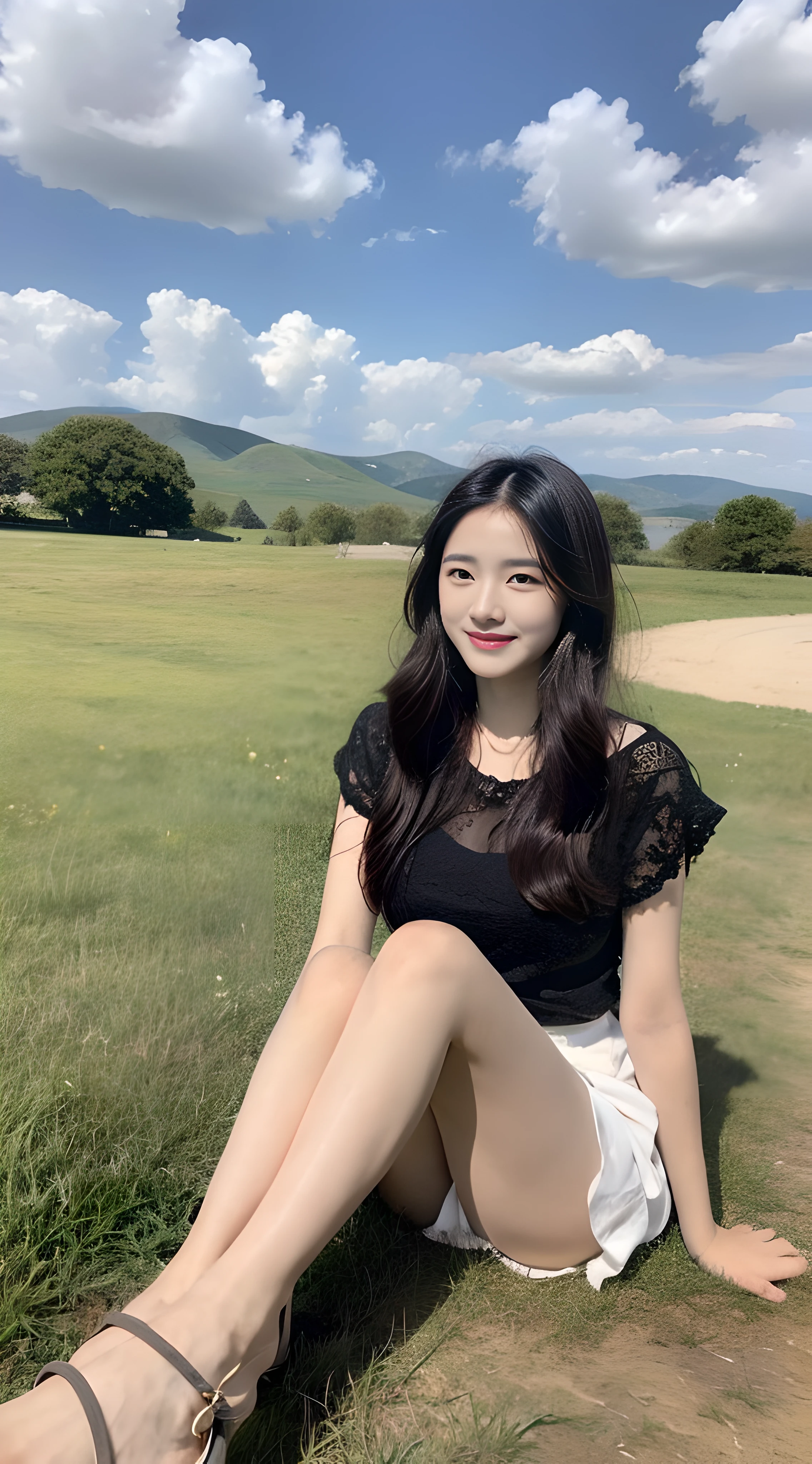 A nice and cute girl,Full body photo,Extremely beautiful and delicate,Black color hair,A sweet smile,Delicate and beautiful fair skin,Realistic and realistic,(exquisite and complete facial features,Detailed depiction of the face),tall nose bridge,Smooth hair,extremely detail hair,Feminine temperament,Fill your face light,Tall and tall,Thin,sandals,Realiy,Hyper-realism,full body shot shot,Forward tilt angle,Extreme picture quality,Highest precision,Precise and perfect human anatomy。with blue sky and white clouds,Sitting on the Steppe,(with blue sky and white clouds),rays of sunshine,cattle and sheep,(White chiffon skirt)Panties are clearly visible. telephoto shot,Express the landscape,Highlight portrait。