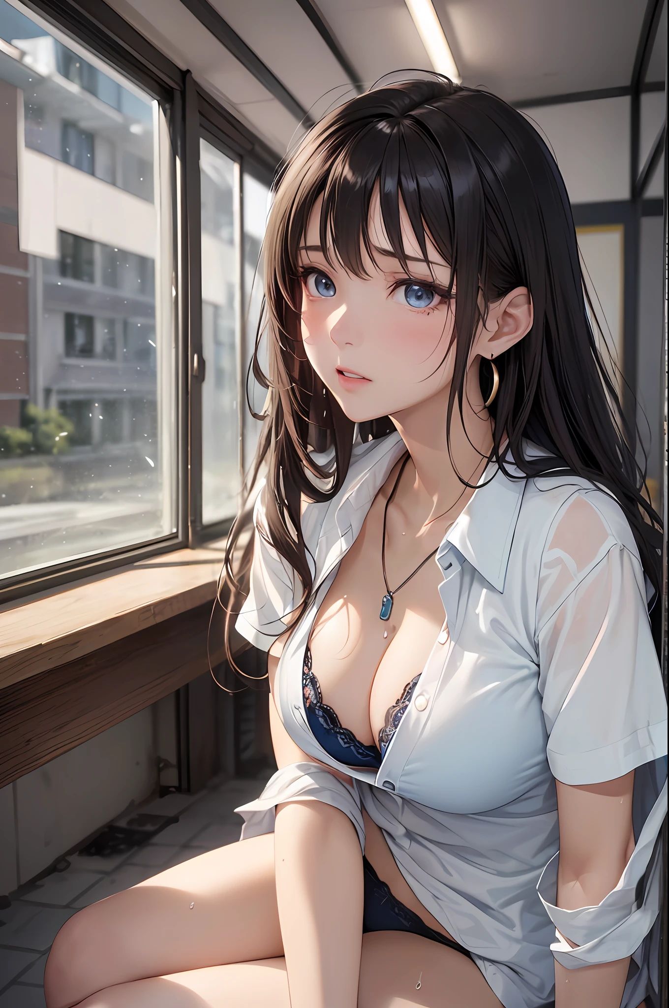 (masutepiece: 1.3), (max resolution: 1.2), (Ultra HDTV: 1.2), cinematric light, 8K resolution,
Detailed eyes and skin, detailed facial features, , (Sharp Focus: 1.2), (Focus on Face:1.2),Perfect Style, Beautiful face, 准确, Anatomically correct, Highly detailed face and skin texture, Detailed eyes, Double eyelids, Thin eyebrows, Natural cheeks, Glossy skin, Fair skin: 1.2, (Glossy lips: 1.4),、 (Shy look: 1.2),Highly detailed facial and skin texture, Detailed eyes, Double eyelids, Natural cheeks, , shiny lips: 1.4,Exposed cleavage、(A large amount of sperm in the chest:1.4)(Large amount of sperm in the thighs:1.2)、
red blush、humiliated、impatience、dismay、Frightened、glares、Tears、embarrassed from、Open knees、open one's legs、Masturbation behavior、masturbation、rubbing the genitals with fingers,,,,,,,,、
White underwear、White bra、Shiny little earrings and necklaces、、Disheveled clothes、Dressing、Exposed panties、Wearing sweat、sodden、Sheer underwear、
18 instars, Neat and clean woman 、Wavy Hair、 Semi-long hair, Normal, upturned breasts, Sitting on the floor, Classroom,Black brown hair,blue eyes、(High School Uniforms:1.4)