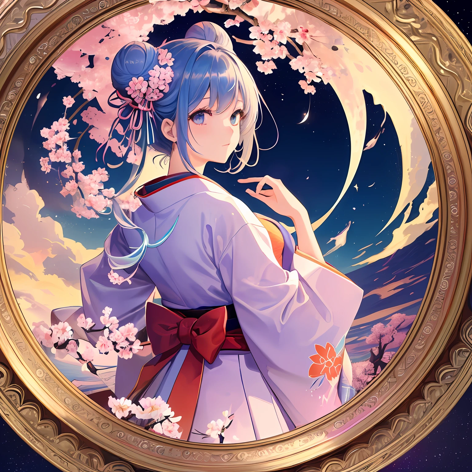 1 beautiful girl、(​masterpiece、top-quality、top-quality、Beautifully Aesthetic:1.2)、(1girl in:1.3)、(Fractal Art:1.3)、Girl inside a delicate round picture frame、Delicate kimono、Rainbow colored bun hair、cherryblossom, Clouds, Behind is a huge round moon, stele,PastelColors、Looking up at the night sky