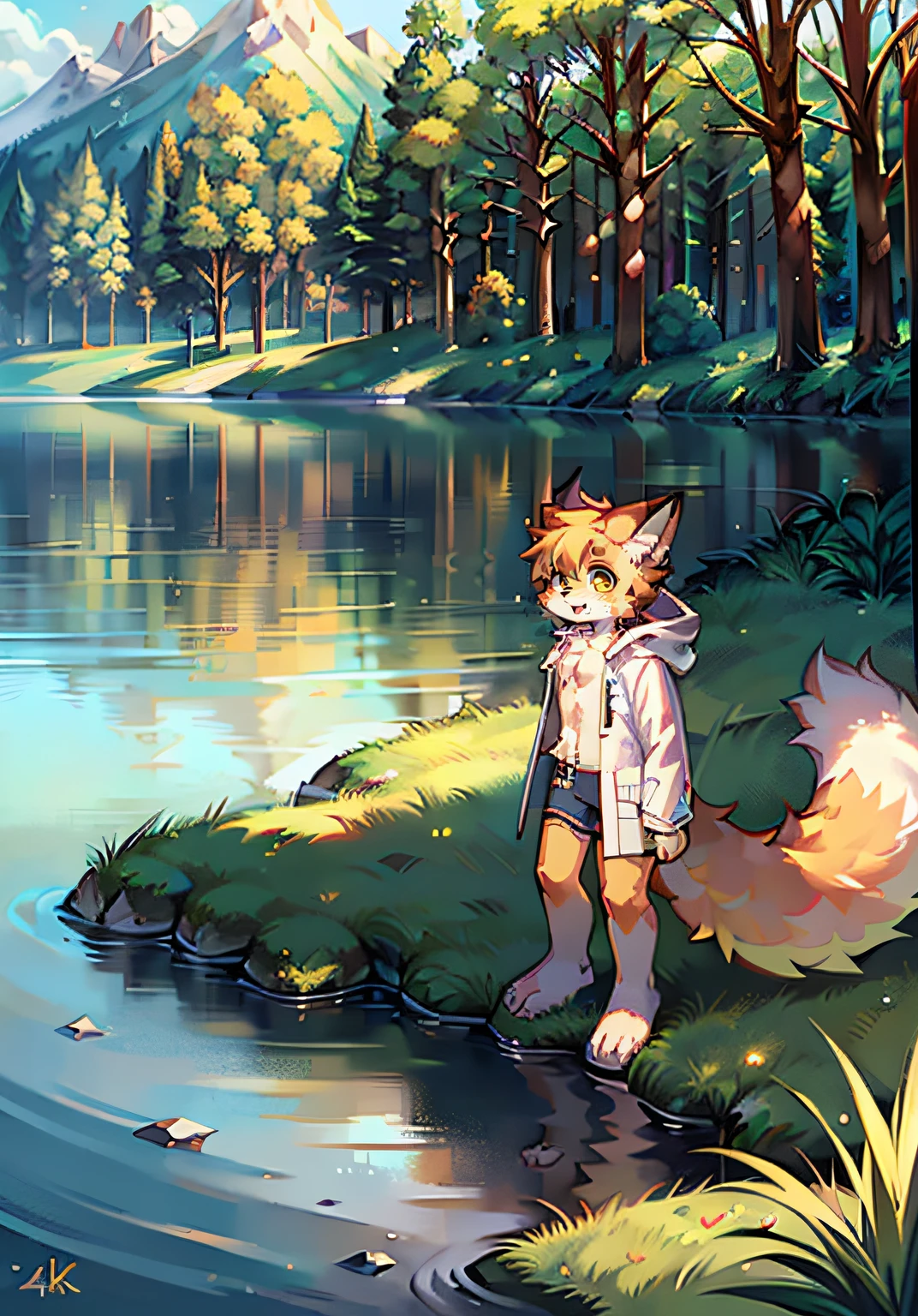 Libido boy，Cat ears，shaggy，large tail，Yellow and white coat color，Bare upper body，Character focus，Thin in size，Summer shorts，Toes，Grass background，There is a lake，Stand in the middle of the lake，inverted image，Ultra-high resolution，4K，Big eyes looking straight ahead，Clear facial features