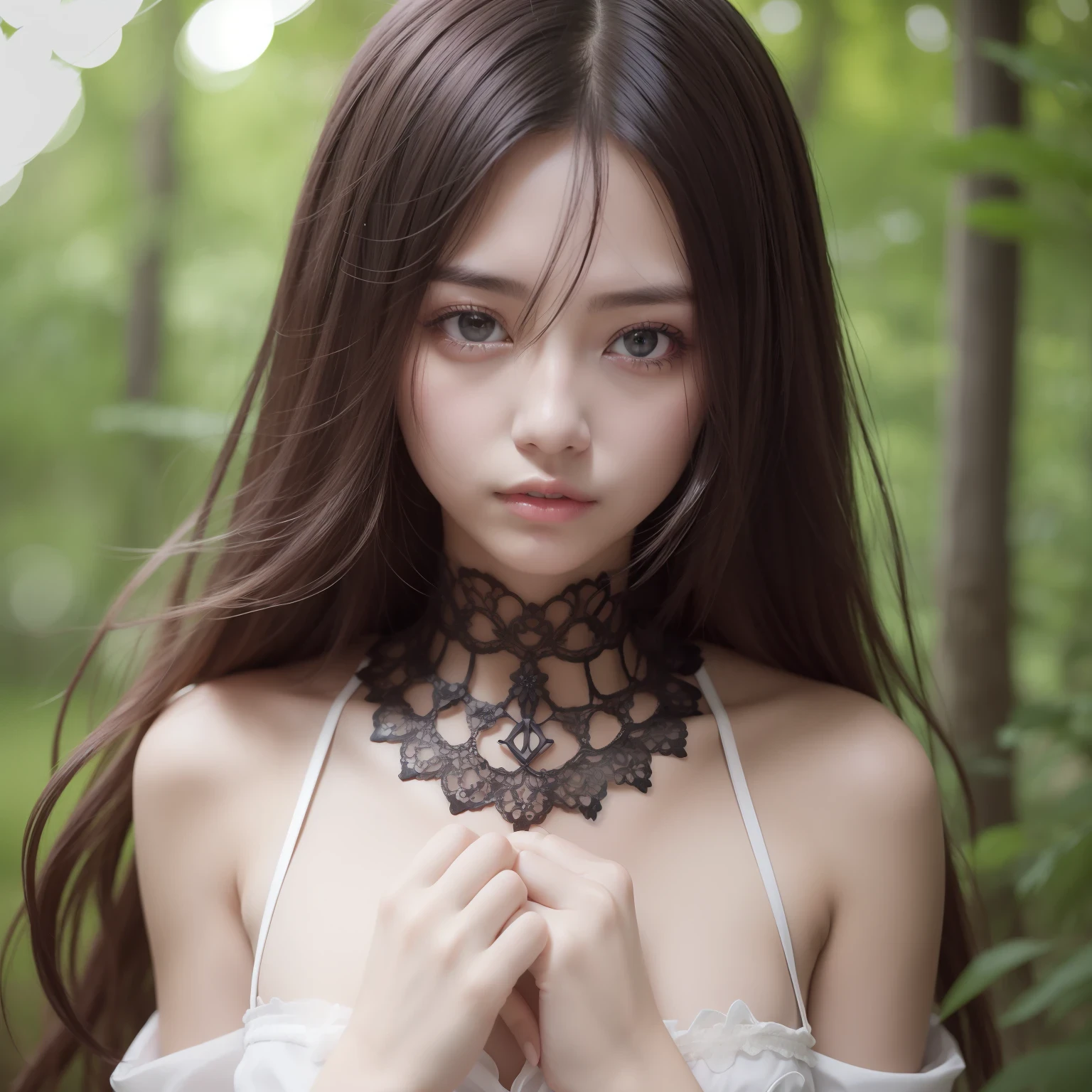 realisticeyes、Black eyes、A dark-haired、Beautiful skins、real looking skin、one girls、enticing、perfect body type、Wearing a white cloth、in woods、hight resolution