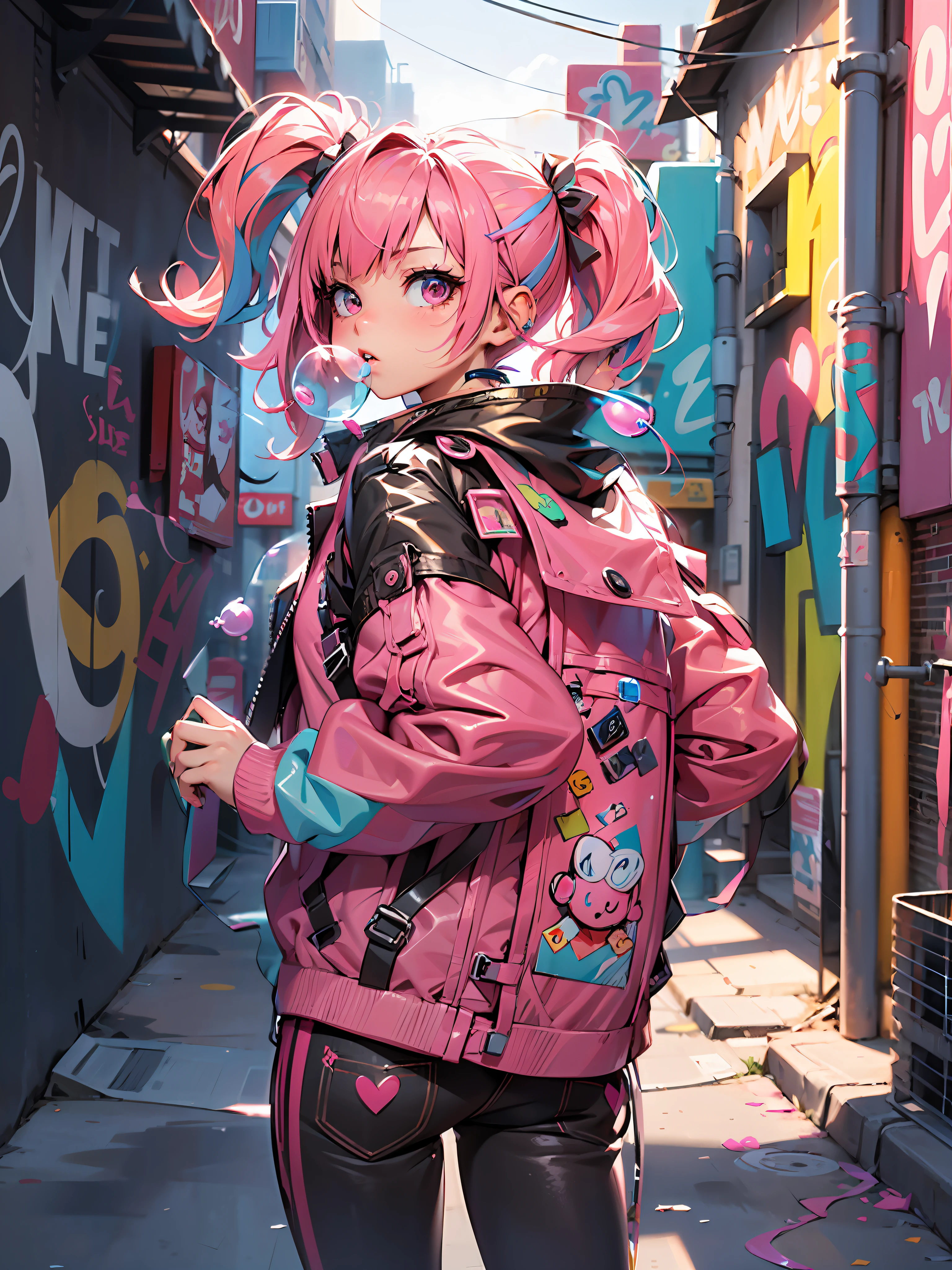 A young girl with pink hair, blowing bubble gum, looking back at the camera.