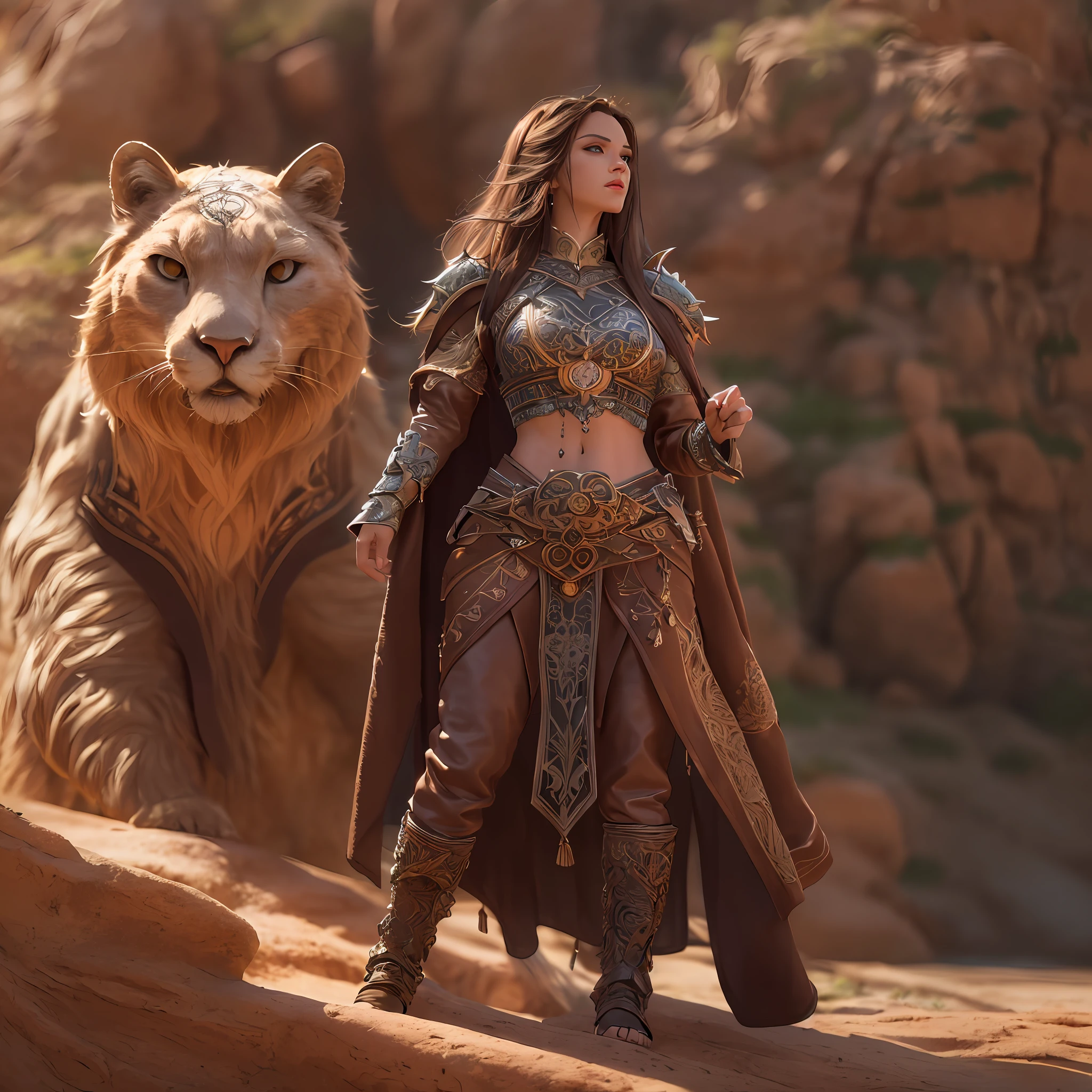 high details, best quality, 8k, [ultra detailed], masterpiece, best quality, (extremely detailed), dynamic angle, ultra wide shot, RAW, photorealistic, fantasy art, realistic art, a wide angle picture of a female human druid, knelling (1.5 intricate details, Masterpiece, best quality) talking to a cougar (1.5 intricate details, Masterpiece, best quality) in desert (1.5 intricate details, Masterpiece, best quality),  a female  wearing leather clothes (1.4 intricate details, Masterpiece, best quality), leather boots, thick hair, long hair, brown hair, tan skin intense brown eyes, desert background (intense details), a stream flowing in an oasis (1.4 intricate details, Masterpiece, best quality), sun light, dynamic light. dynamic angle, (1.4 intricate details, Masterpiece, best quality) 3D rendering, high details, best quality, highres, ultra wide angle