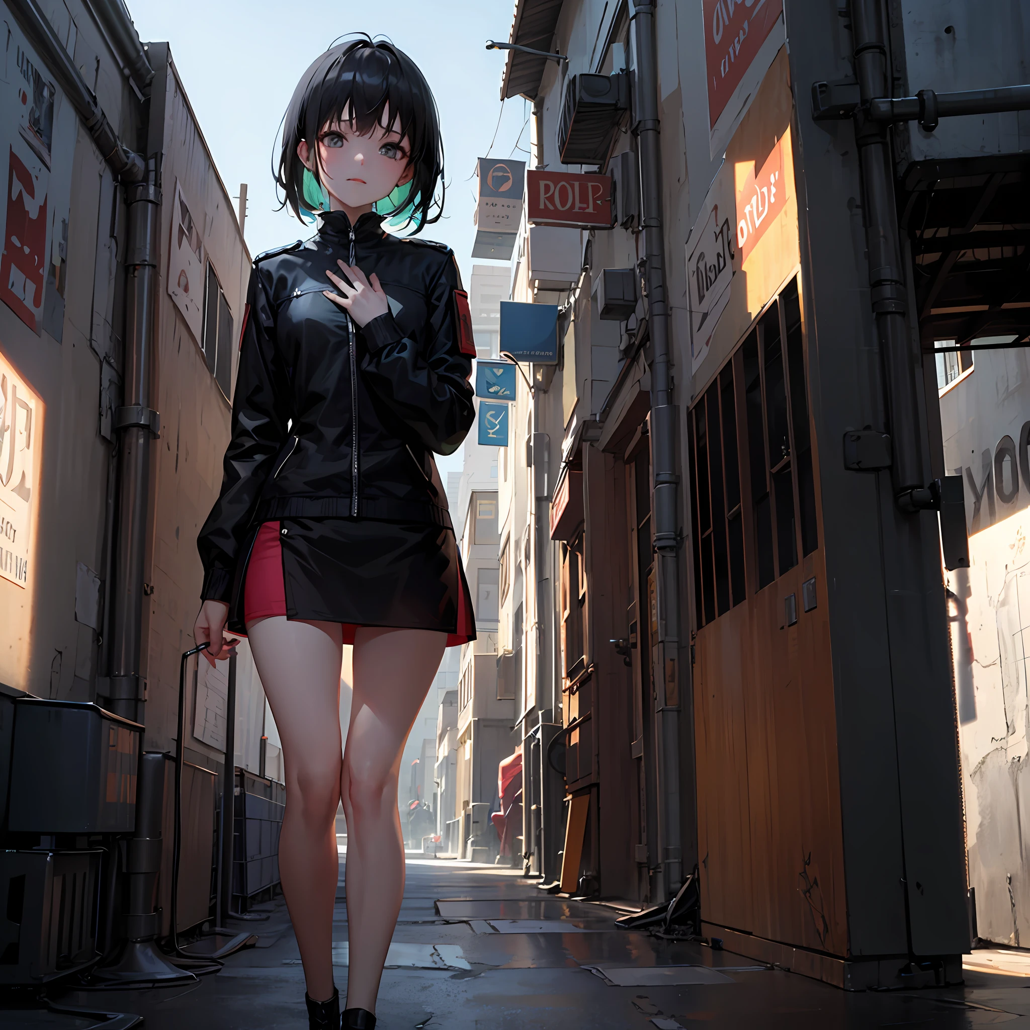 street,cyber punk perssonage,A girl stands in front of a wall,Newspapers were plastered on the walls,Black hair,sface focus,Black eyes,Witty and beautiful facial features,green-shirt,Apricot skirt split long skirt,dynamicposes,HDR,Detailed details,Fashionab,cinematric light,detailed clothes texture,Bright style,The chest is small,Five fingers --auto