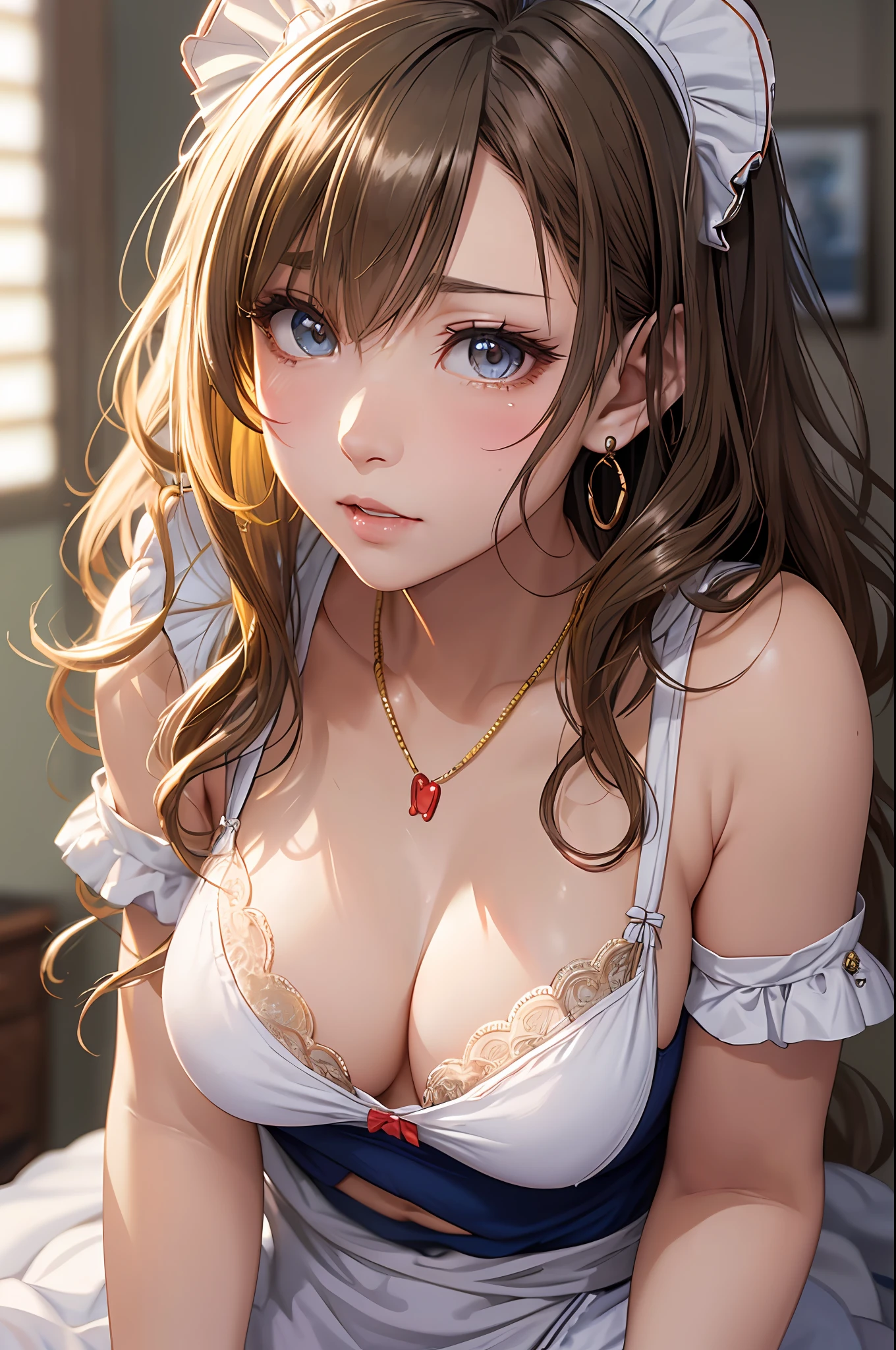 (masutepiece: 1.3), (max resolution: 1.2), (Ultra HDTV: 1.2), cinematric light, 8K resolution,
Detailed eyes and skin, detailed facial features, , (Sharp Focus: 1.2）, (Focus on Face:1.2),Perfect Style, Beautiful face, acurate, Anatomically correct, Highly detailed face and skin texture, Detailed eyes, Double eyelids, Thin eyebrows,  Natural cheeks, Glossy skin, Fair skin: 1.2, (Glossy lips: 1.4),、 (Shy look: 1.2),Highly detailed facial and skin texture, Detailed eyes, Double eyelids, Natural cheeks, , shiny lips: 1.4,Exposed cleavage、（A large amount of sperm in the chest:1.4）（Large amount of sperm in the thighs:1.2）、
red blush、humiliated、impatience、dismay、Frightened、glares、Tears、embarrassed from、Open knees、open one's legs、Masturbation behavior、masturbation、rubbing the genitals with fingers,,,,,,,,,,、
White underwear、White bra、Shiny little earrings and necklaces、、Disheveled clothes、Dressing、Exposed panties、Wearing sweat、sodden、Sheer underwear、
25 years old, femele 、Wavy Hair、 Semi-long hair, Big, upturned breasts, Sitting in bed, Bedroom,golden yellow hair、blue eyes、(maid clothes:1.5)、