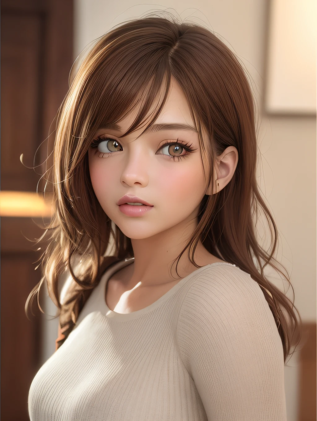 Close up portrait of a woman with brown shirt and brown hair, kawaii realistic portrait, realistic anime 3 d style, photorealistic anime girl render, 3 d anime realistic, Realistic art style, 8K portrait rendering, realistic cute girl painting, realistic art style, Smooth Anime CG Art, Photorealistic beautiful face, Anime Realism Style, realistic young anime girl