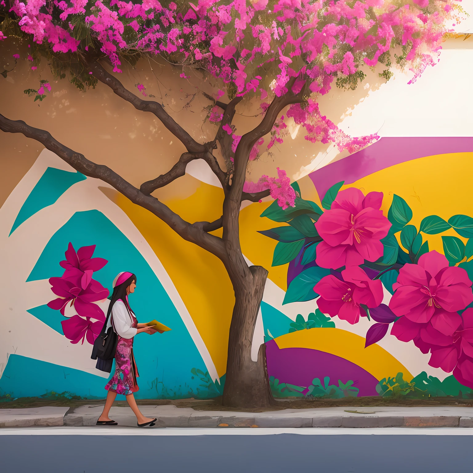 Graffiti on a wall, mural, wall painting. Text on the wall, text "LOVE" "love". Behind and above the wall, there are bougainvillea plants, with some branches resting and hanging on the wall. Graffiti mural with Brazilian women with bandanas. Happy palette of colours. The bougainvillaeas branches are placed right up of the heads of the women painted on the wall, the branches intertwained with their hair. A girl is on the street looking at the mural. Scene illuminated by natural light. Realistic raytraicing, photography, 3d. --auto