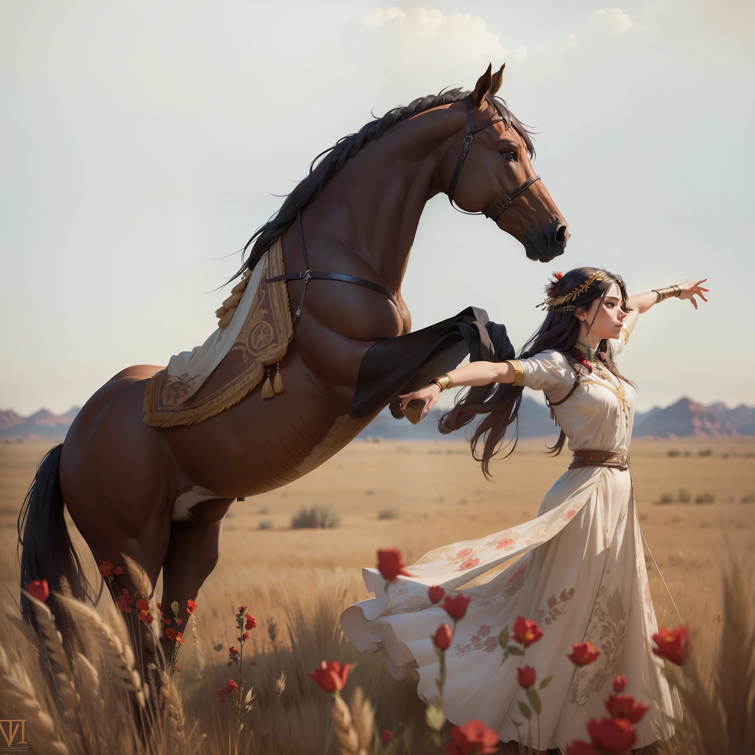 A standing horse. A woman dancing in a field of wheat with small red and yellow roses visage symétrique parfait, Indigenous feather jewelry, Traditional handmade dress, warrior hunter armed, (((Far West))) environnement, Utah landscape, ultra realist, concept art, elegant, ((complexe)), ((highly detailed)), profondeur de champ, ((professionally colorful)), soft ambient lighting, twilight, 8k, dessin par Artgerm et Greg Rutkowski et Alphonse Mucha --auto --v 6 --s2