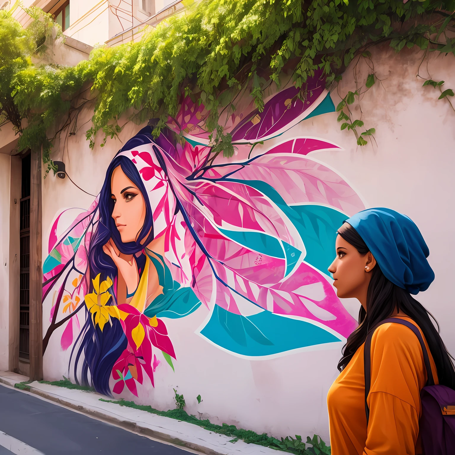 Graffiti on a wall, mural, wall painting. Text on the wall, text "LOVE" "love". Behind and above the wall, there are bougainvillea plants, with some branches resting and hanging on the wall. Graffiti mural with Brazilian women with bandanas. Happy palette of colours. The bougainvillaeas branches are placed right up of the heads of the women painted on the wall, the branches intertwained with their hair. A girl is on the street looking at the mural. Scene illuminated by natural light. Realistic raytraicing, photography, 3d. --auto