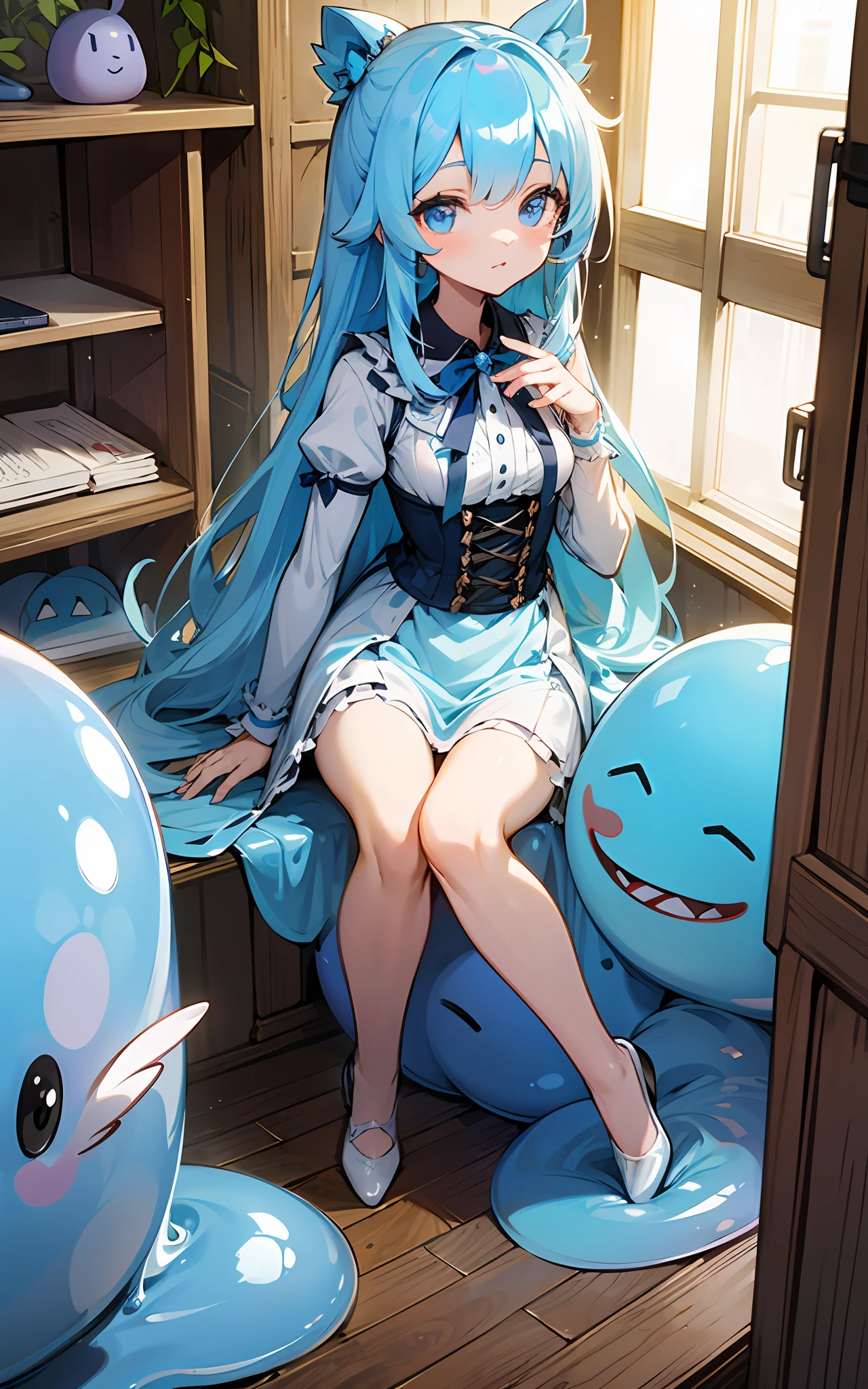 top-quality、hight resolution、detaileds、Blue Slime Girl、lightly dressed、Ruined room、long、Cute appearance、