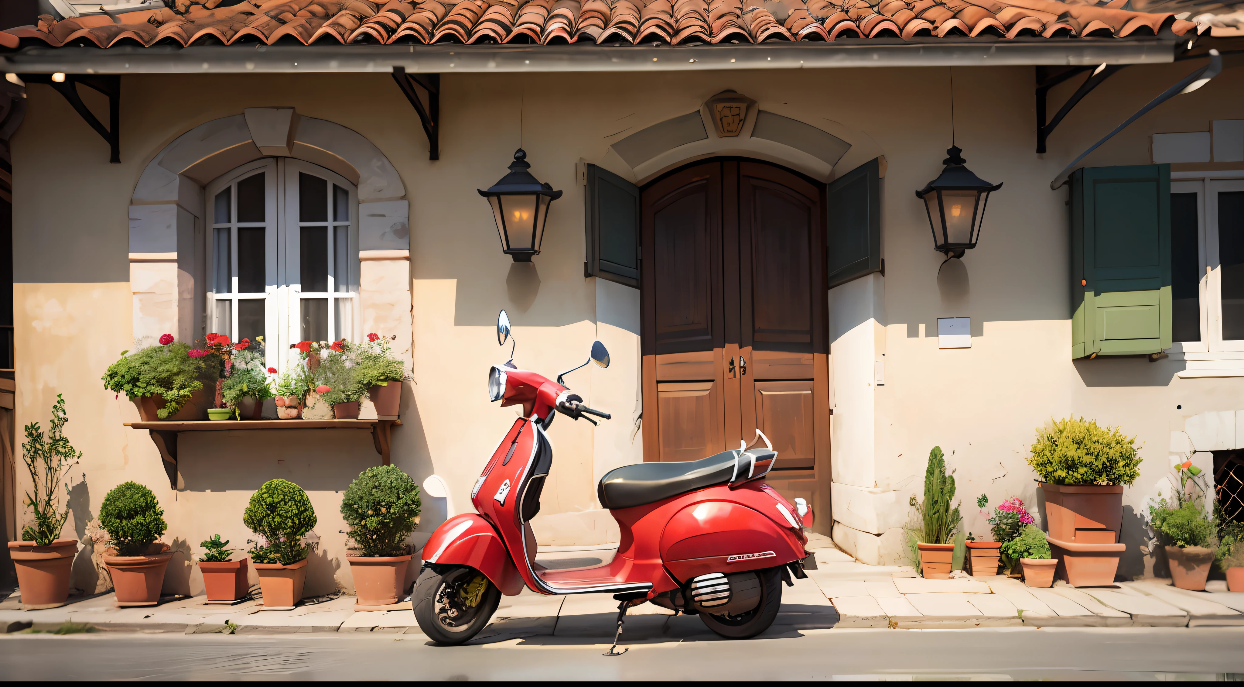 "It's a picturesque Italian villa with a lively red Vespa parked outside."