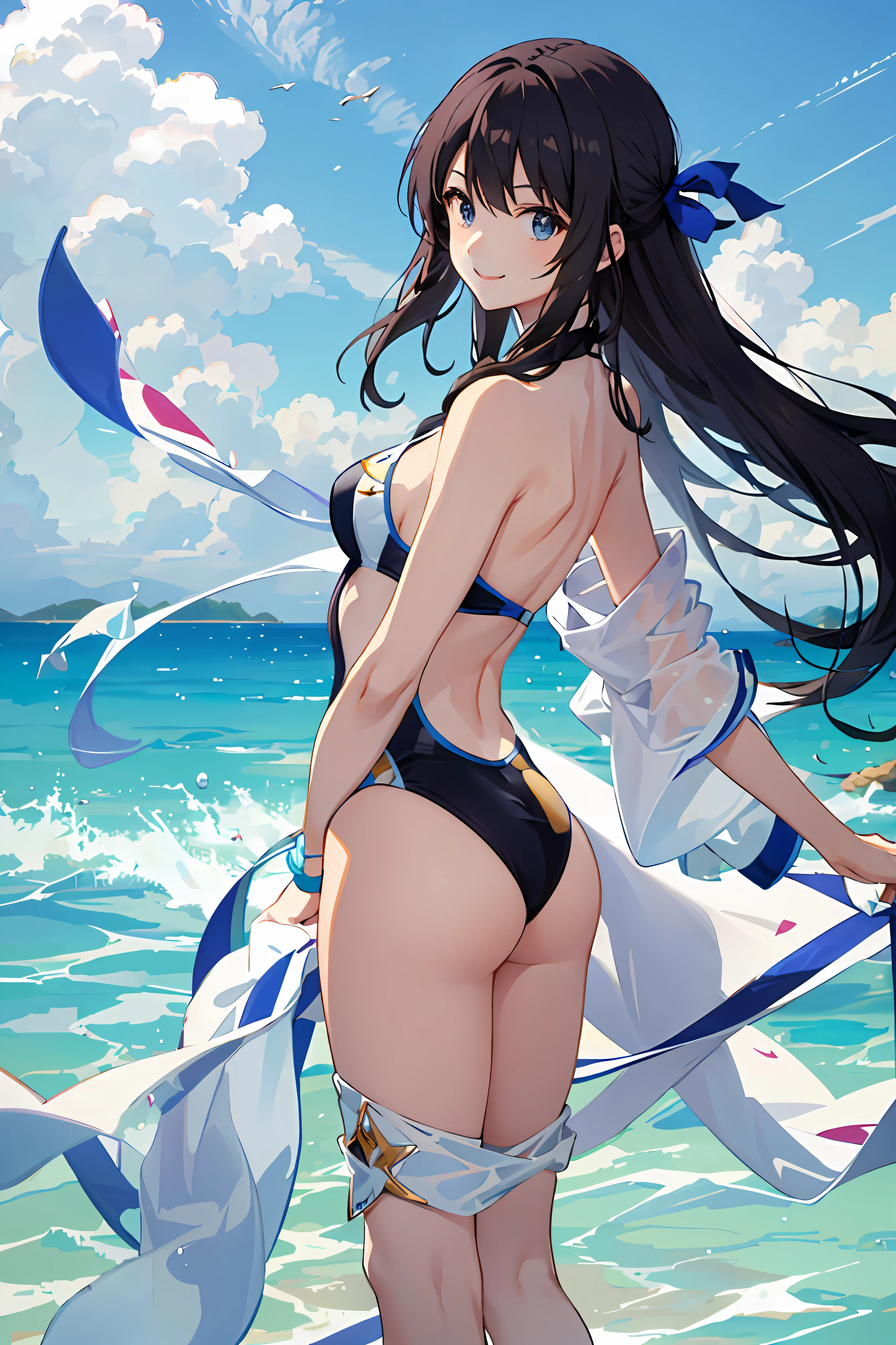 Anime dance,Swimsuits with little fabric are worn by the sea,Anterior convex and posterior,Beautiful posture,The smile is bright,
