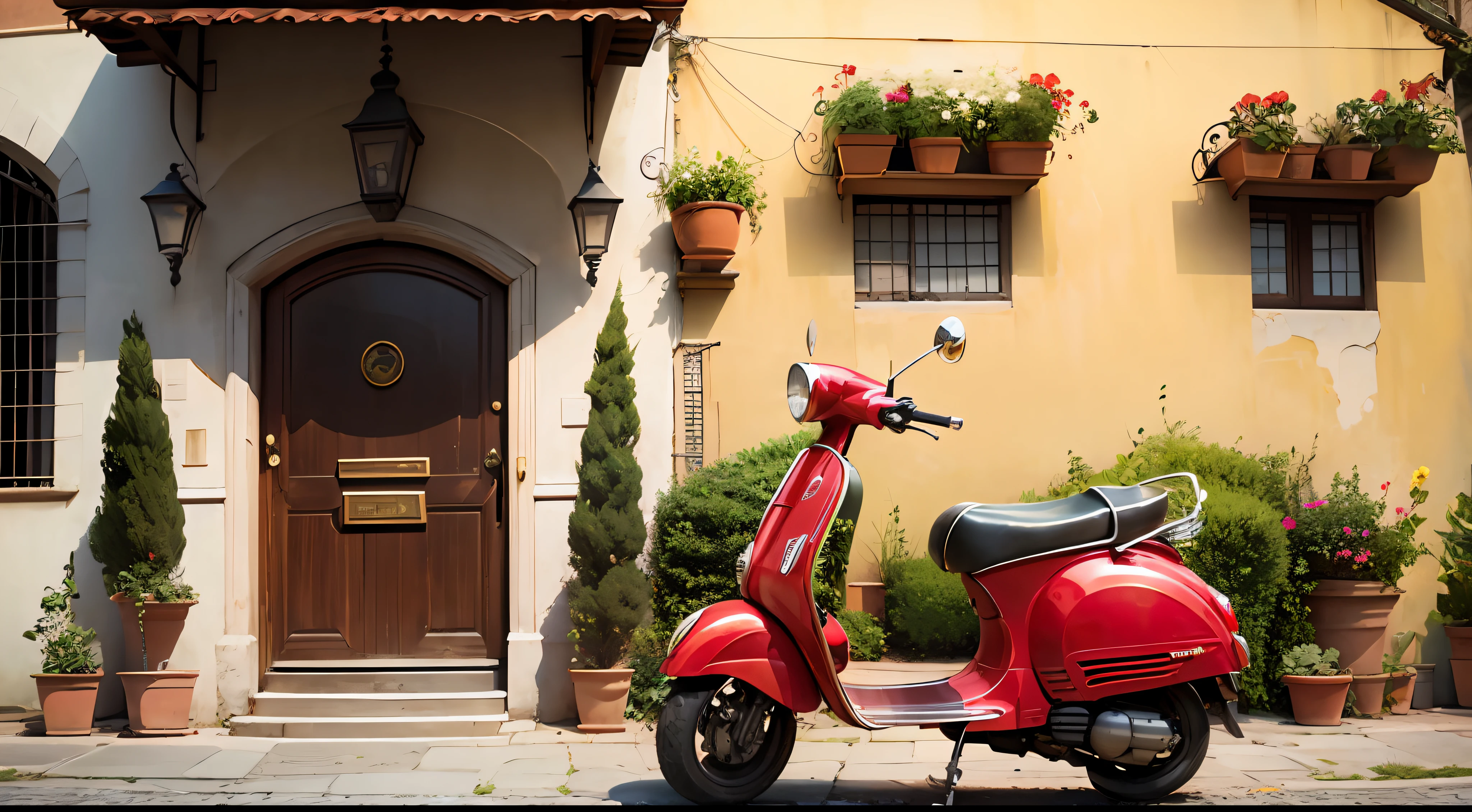 "It's a picturesque Italian villa with a lively red Vespa parked outside."