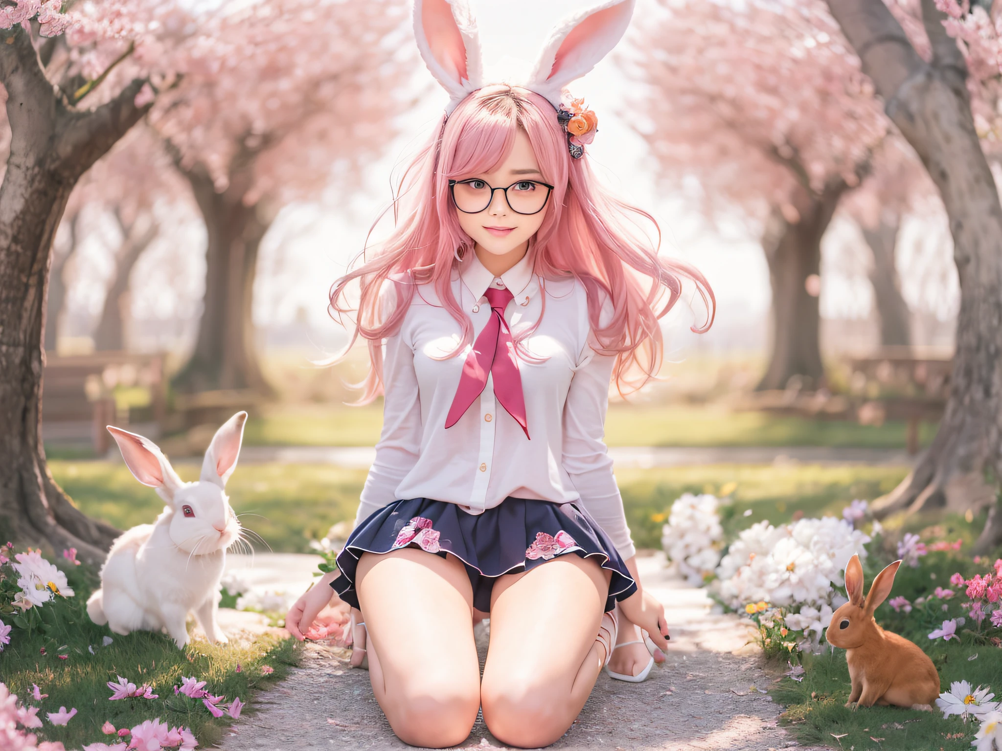 make、top-quality、perfect anatomia、nice hand:1.2)、1girl in、独奏、Beautiful girl walking in the park、Long pink hair、springtime、Flowering trees、Sakura、Green grass、a park、squat with your legs spread、Wearing white stockings、Stockings、White tights、pink sailor suit、The chest is open、a miniskirt、Wear pink high heels、Wearing light-rimmed glasses、Wearing a red tie、Large, Perfectly shaped breasts、Rabbit ears on the head、Charming face、A smile、Cute round face、girl with,Perfect promotion、Balance between face and body、17 age、Height 168cm、There is one rabbit on the ground、slender long legs