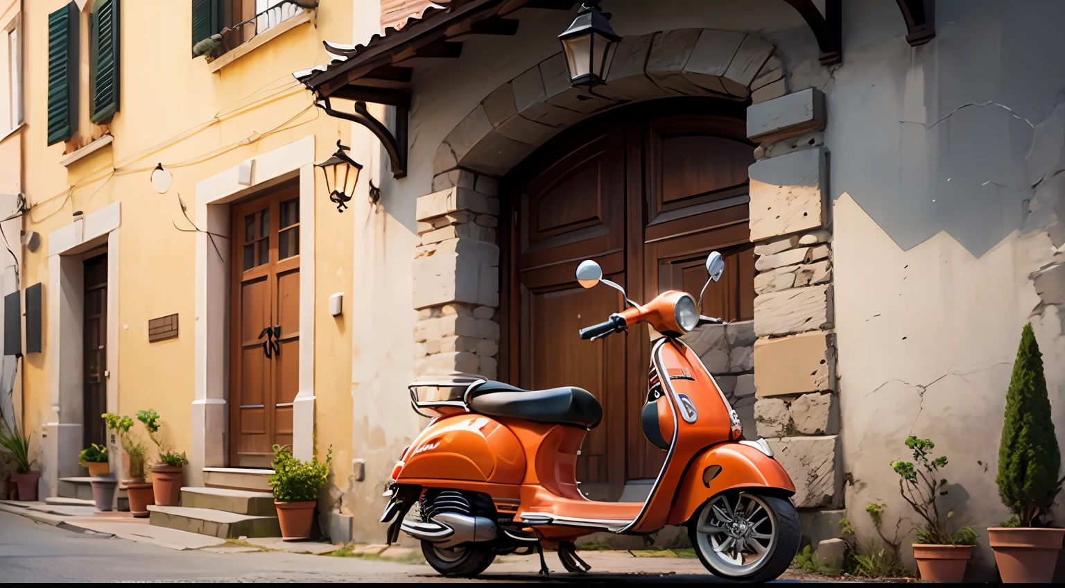 "It's a picturesque Italian villa with a lively red Vespa parked outside."