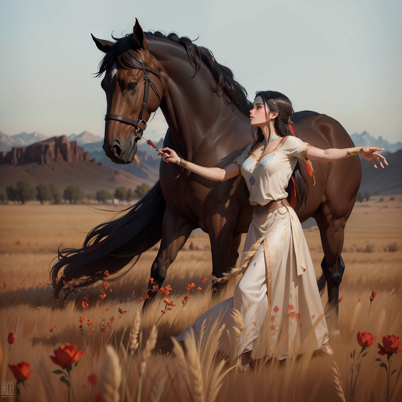 A standing horse. A woman dancing in a field of wheat with small red and yellow roses visage symétrique parfait, Indigenous feather jewelry, Traditional handmade dress, warrior hunter armed, (((Far West))) environnement, Utah landscape, ultra realist, concept art, elegant, ((complexe)), ((highly detailed)), profondeur de champ, ((professionally colorful)), soft ambient lighting, twilight, 8k, dessin par Artgerm et Greg Rutkowski et Alphonse Mucha --auto --v 6 --s2