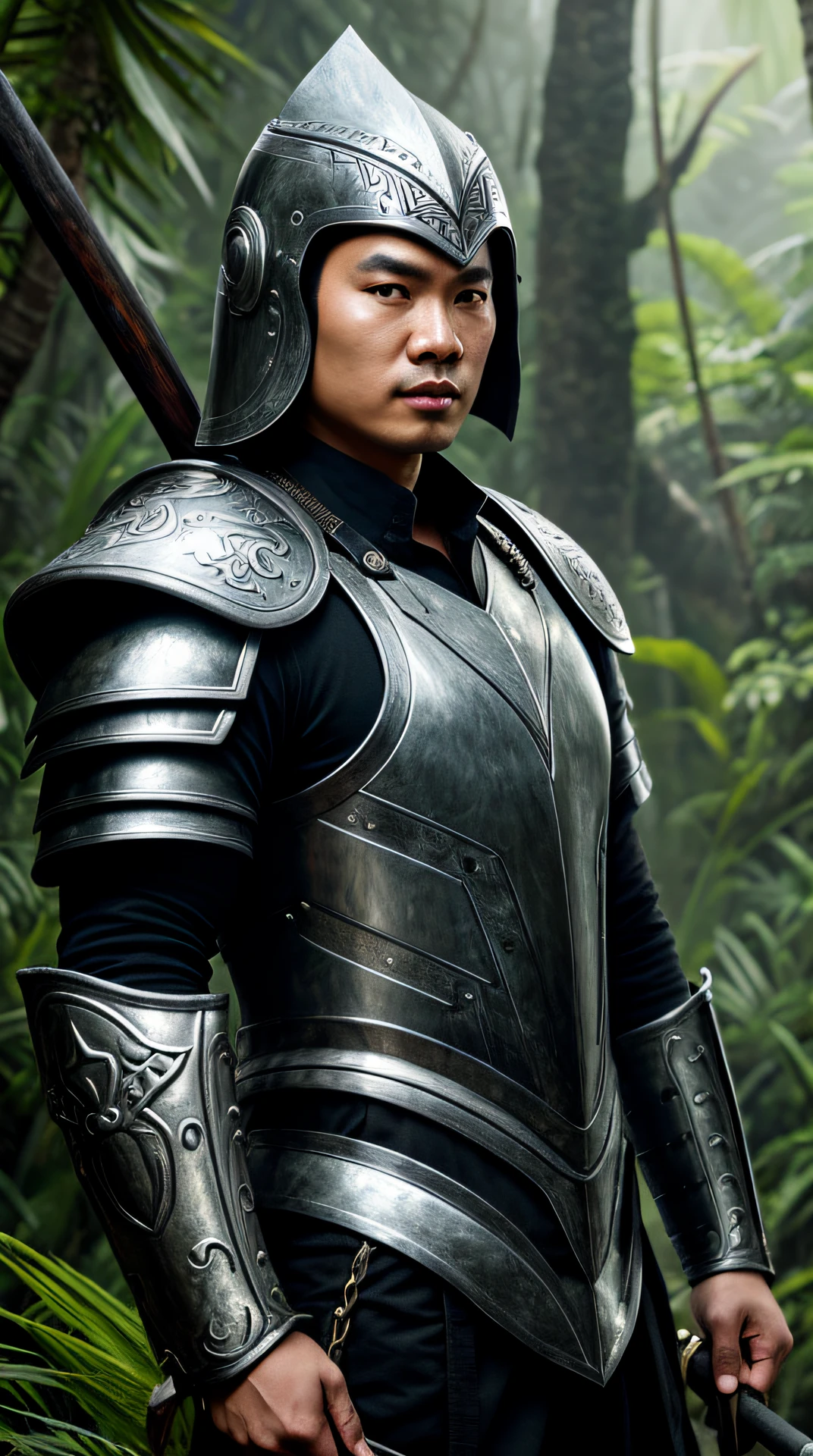 RAW image, Epic Scene, ((Portrait)), award-winning portrait of a Vietnamese man, wearing black and silver armor, with giant ax in hand, jungle backdrop, super detailed, (artstation:1.5), cinematic, warm lighting,
