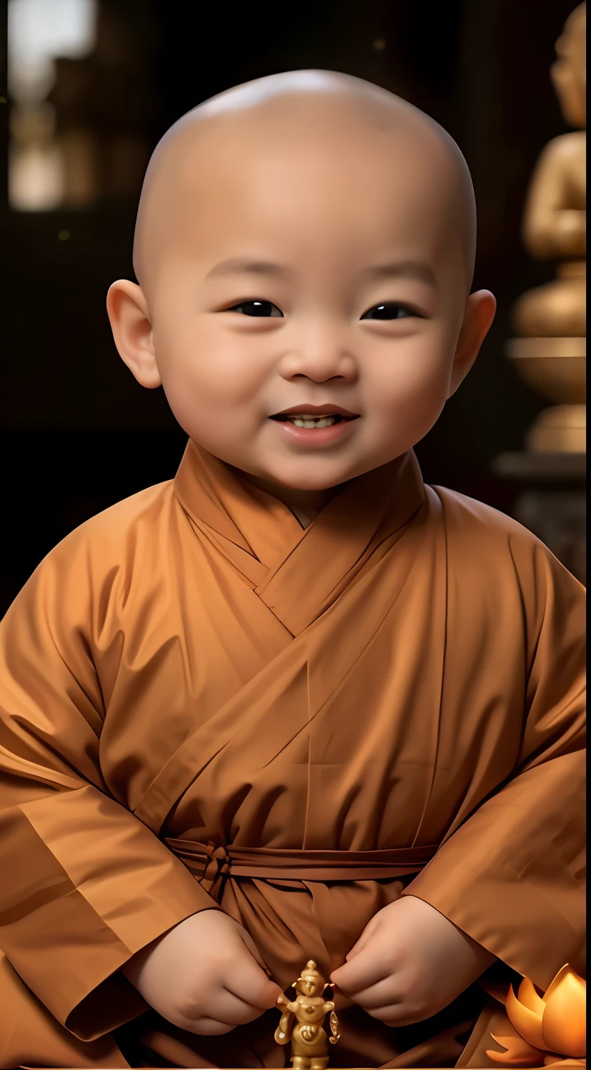 A  bald monk in a monk's robe smiling，white skinned，a baby ftle bit chubby，No accessories，Light orange style