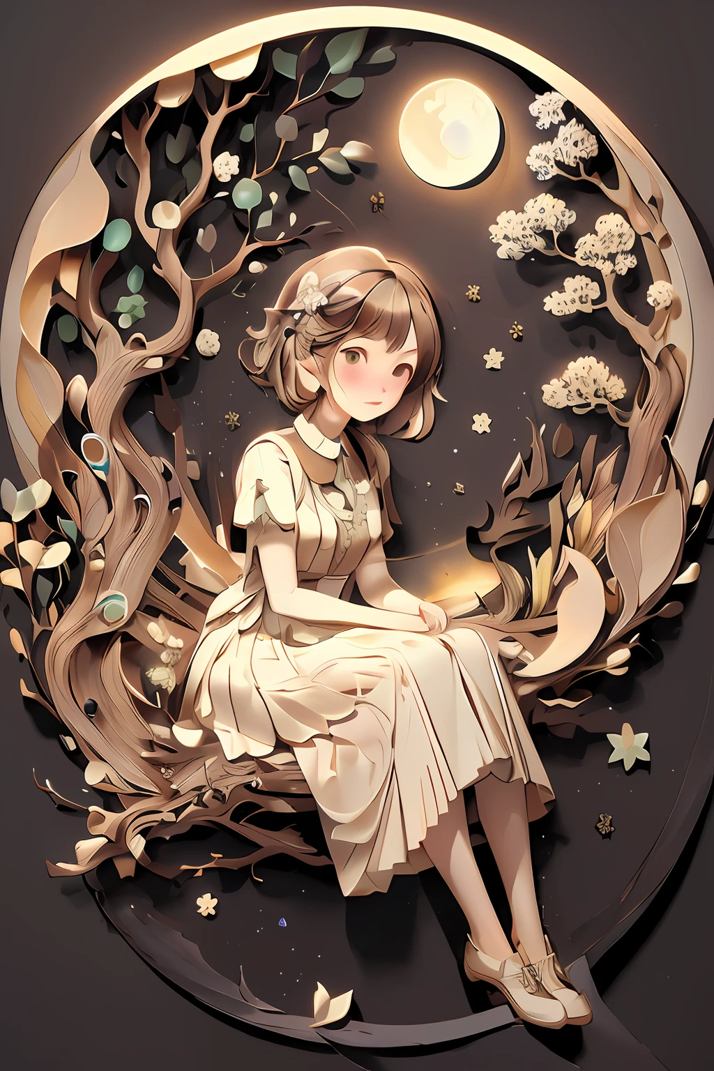 (((masterpiece))),bestquality,illustration,beautifuldetailedglow,
paper_cut,   cute girl, tree,moon,