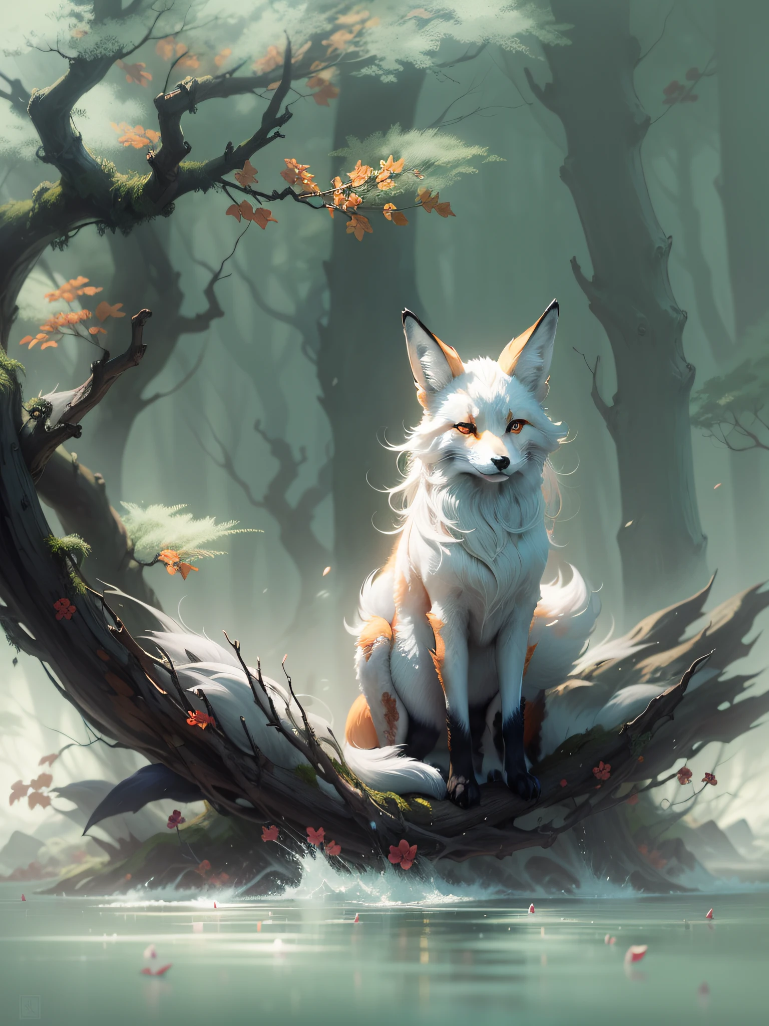 Painting of a fox with white hair sitting on a branch,ethereal fox,nine tail fox,Fox three-tailed fox,Onmyoji detailed art,Nine Tails,a beautiful artwork illustration,mythological creatures,red fox,Beautiful digital artwork,Exquisite digital illustration,mizutsune , Inspired by the mythical creature wildnet,Digital art on Pixiv,strong lights,hight contrast,Horror movie theme,Dark atmosphere,Standing painting