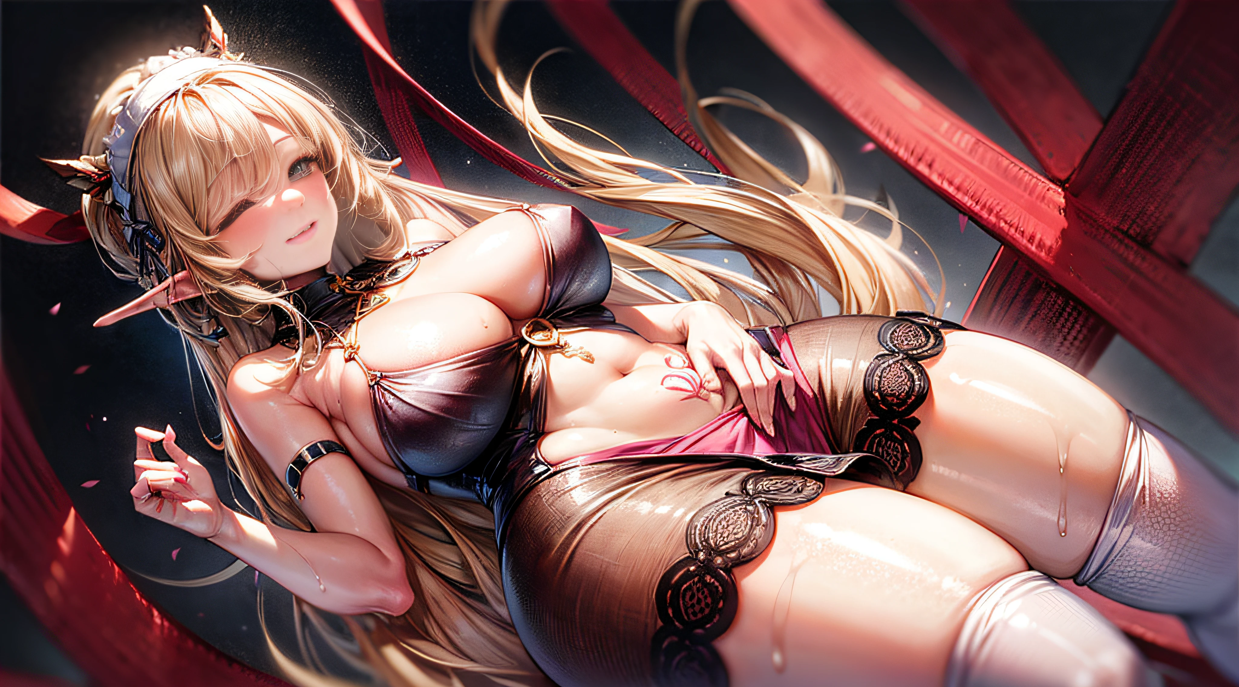 Standing, big breasts, bigger than human breasts, very large breasts, plump, pretty face, thick body, blonde hair, half-closed eyes, smile, exposed armpits, masterpiece, super quality, 4k quality, high detail, elf mother, black nun bandana, lace skirt, cleavage, white pantyhose, sweaty, wet clothes, see-through, exposed belly, belly tattoo pink peach heart tattoo, add_detail:1.5