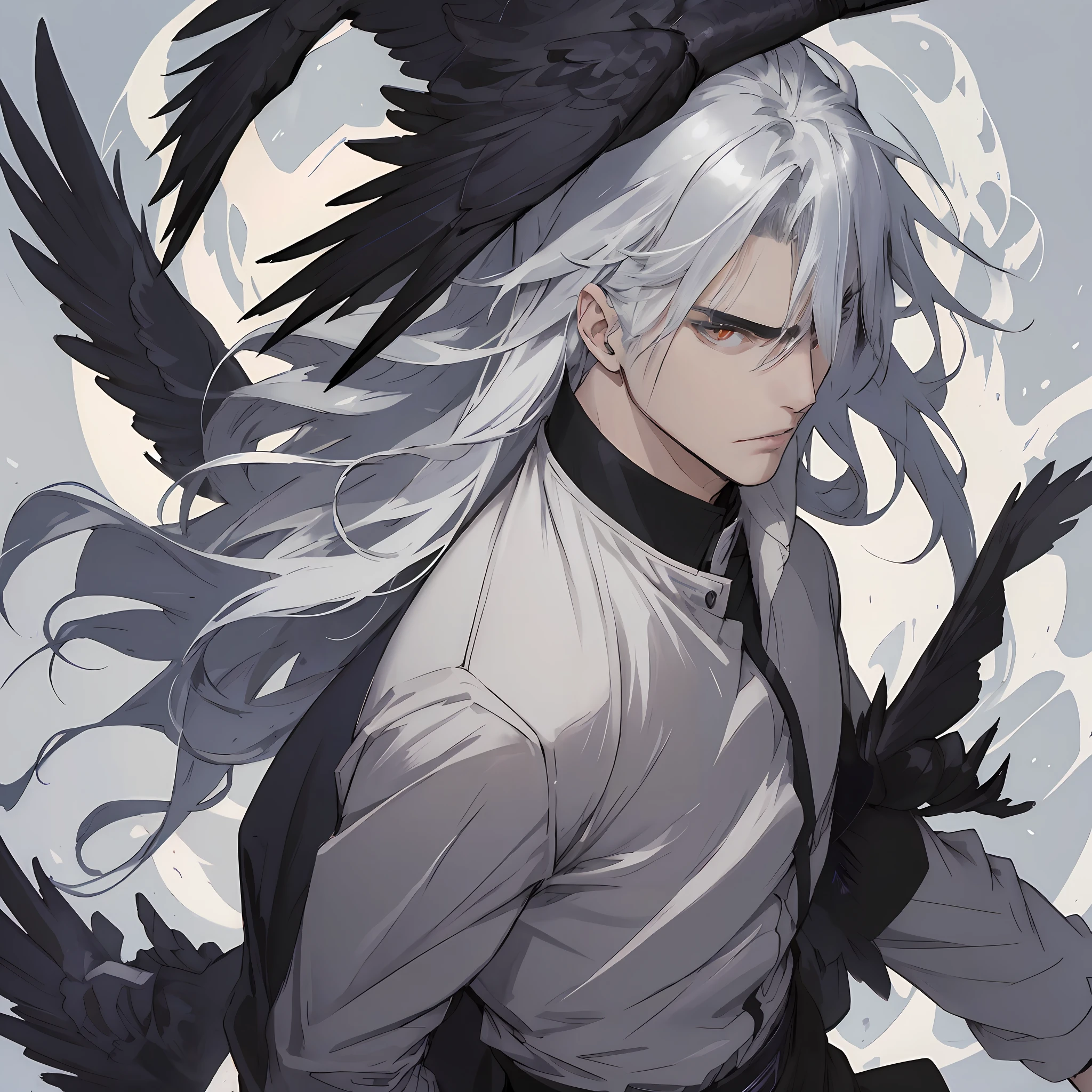 Long silver-white hair bangs cover eyes(anime big breast)