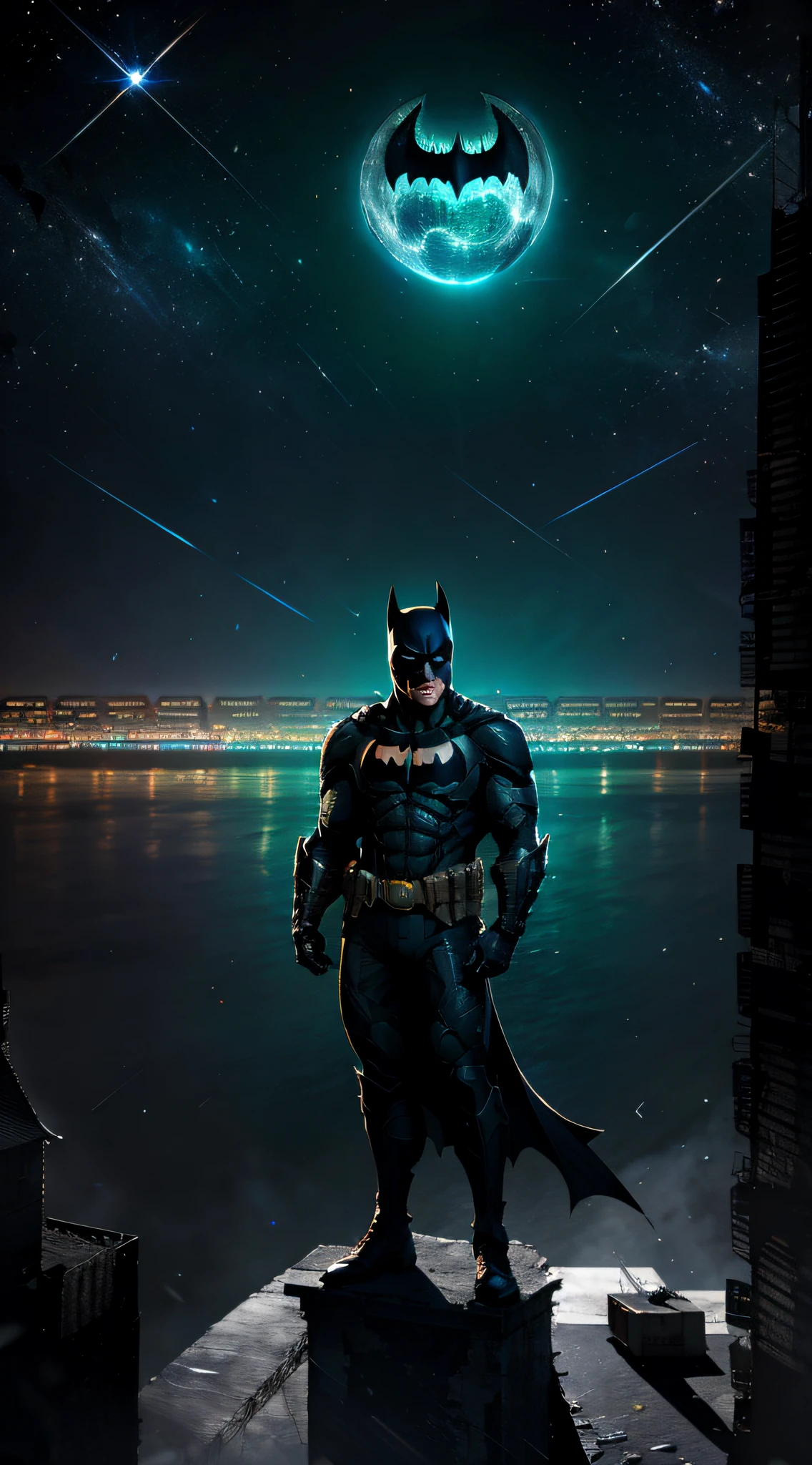 The Dark Knight Batman, Wearing sci-fi armor,See Gotham City from the top of the building,tmasterpiece, Best quality at best, ultra - detailed,