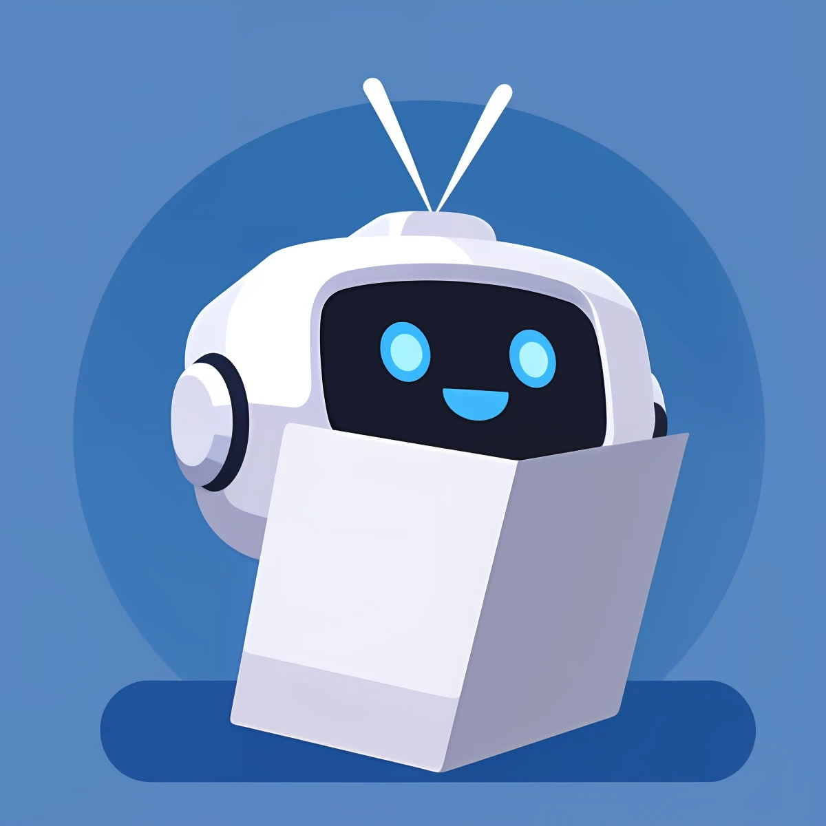 coloredic0n icon a cartoon robot with a happy face on it, bright blue background, no body, no legs, no feet, floating, adorable friendly robot, reading a newspaper, blinding white newspaper, very cute newspaper zen, cute robot, friendly robot, happy robot, very cute robot zen, super cute robot face, cute humanoid robot, round robot, tintoy characterdesign robot, cute robot with grass hair, a robot, trending on dribbble.com mascot, diaper disposal robot, white robot