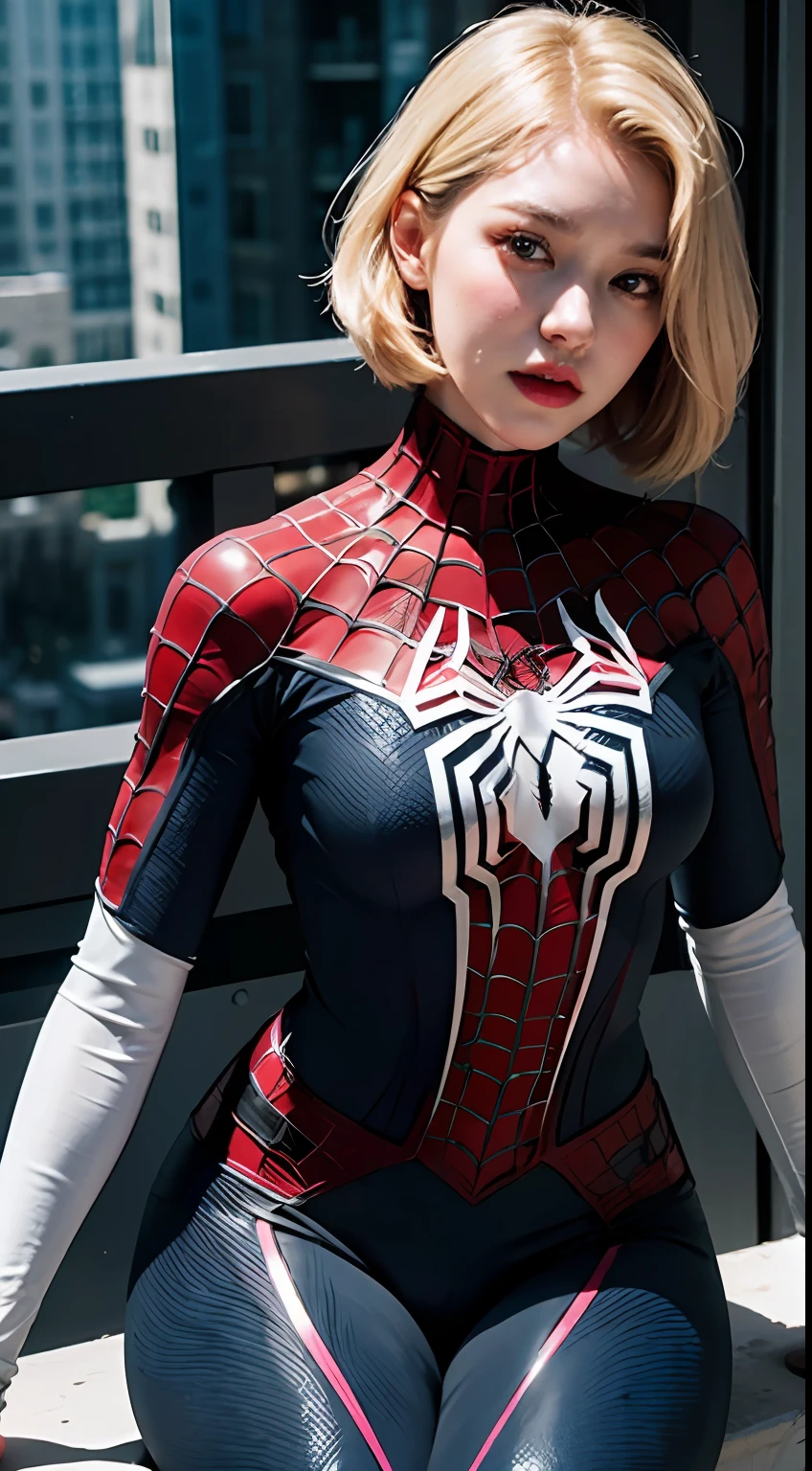 blond haired woman in a pink and white costume sitting on a ledge, ( ( spiderwoman ) ), cyber suit, gwen stacy, inspired by Yanjun Cheng, yanjun chengt, ross tran 8 k, realistic cosplay, spider - gwen, spider-gwen, spider gwen, cybersuit, futuristic style spiderman, perfect android girl, cybersuits
