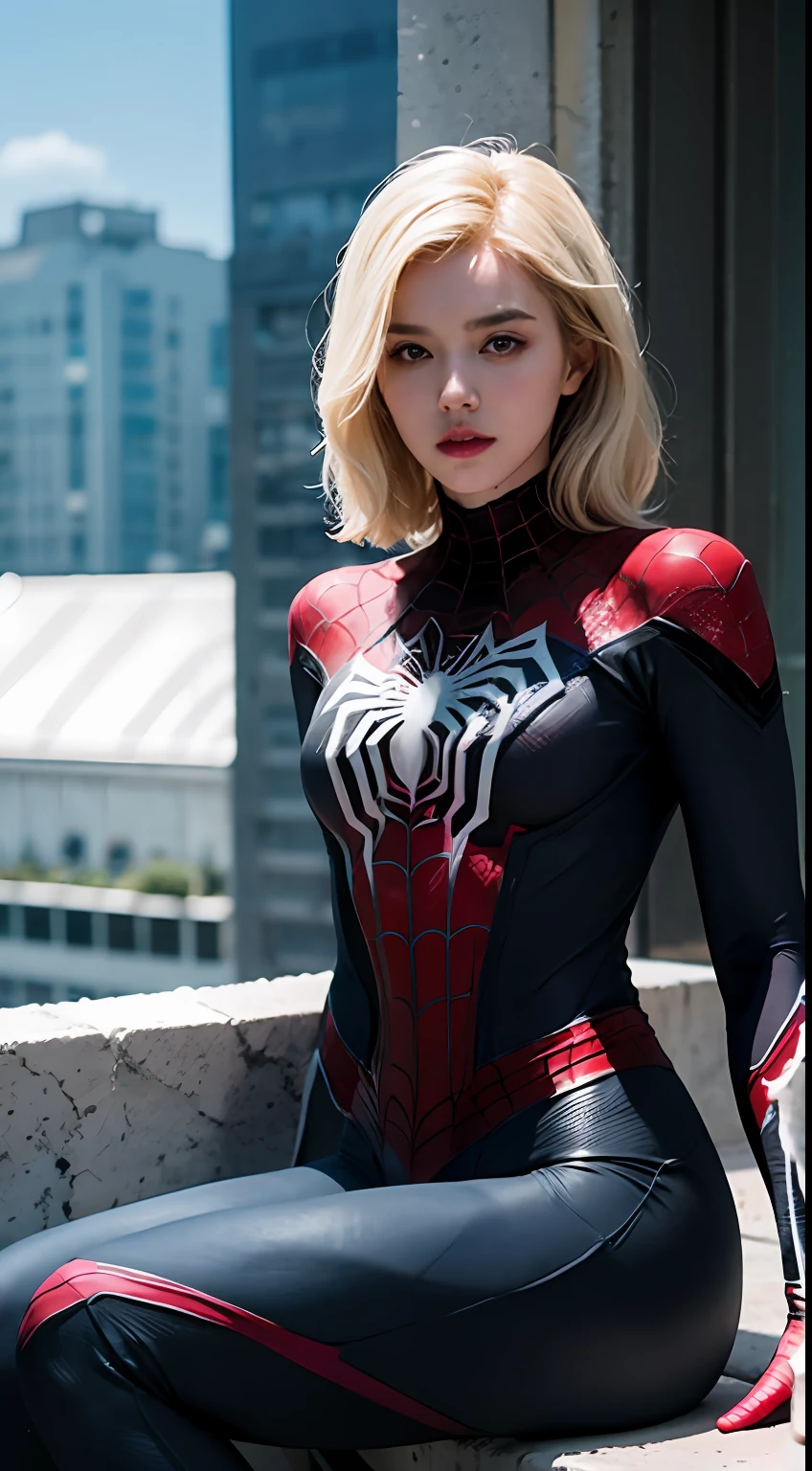 blond haired woman in a pink and white costume sitting on a ledge, ( ( spiderwoman ) ), cyber suit, gwen stacy, inspired by Yanjun Cheng, yanjun chengt, ross tran 8 k, realistic cosplay, spider - gwen, spider-gwen, spider gwen, cybersuit, futuristic style spiderman, perfect android girl, cybersuits