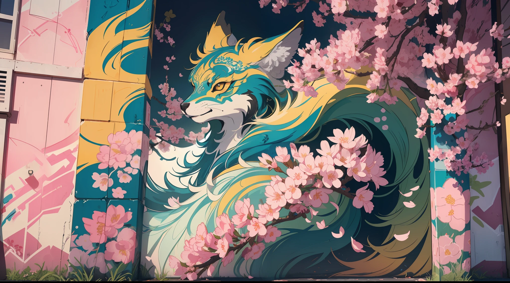 A highly detailed picture of graffiti, beautiful colors, intricate patterns, sakura bloom symbolism, kitsune undressing, ((detailed background, detailed graffitti wall)), photorealistic, colorful, viewed from front, low angle view, digital art, highly detailed, fine detail, intricate, ornate, complex, octane render, unreal engine, photorealistic, 8k, 16k,
