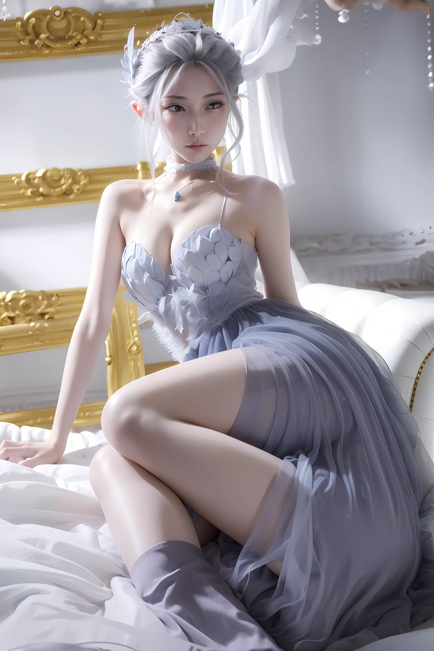 A beautiful Chinese girl,ar old, meter six five,Wearing a pink bandeau princess dress,The group is translucent,The skirt is a miniskirt,sit on a bed,The legs are very wide,You can see inside the skirt,Eyes light blue,The hair draped over the shoulders is long,Also wearing white silk,With some shyness。