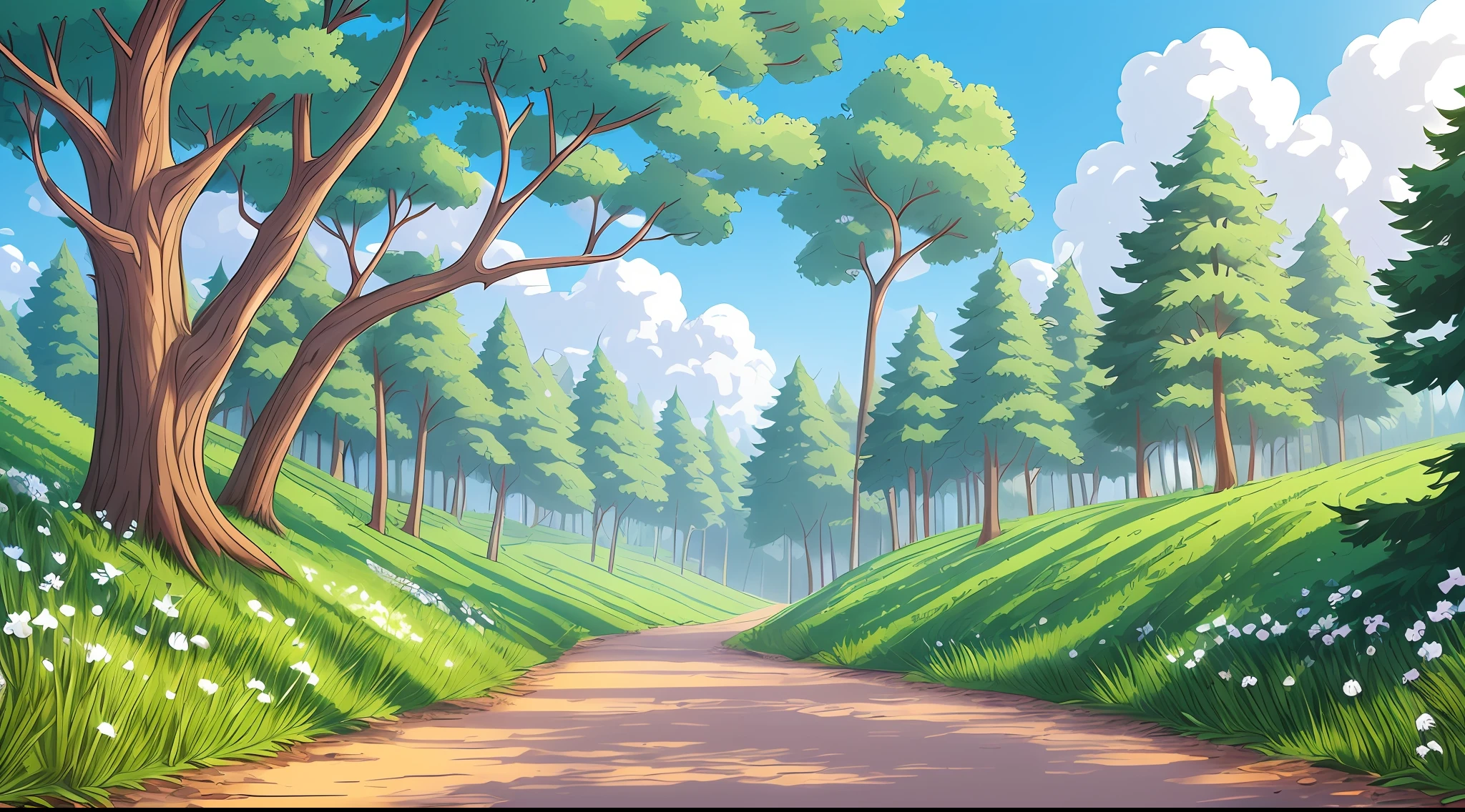 sunny morning, forest, cartoon, few details, blue sky with white clouds --auto --s2