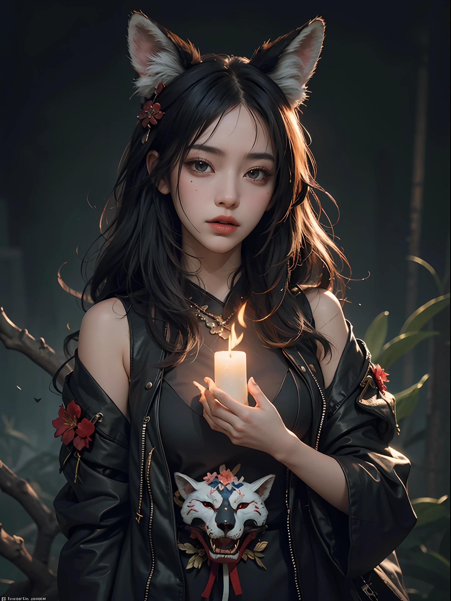 1girl, solo, official art, unity 8k wallpaper, ultra detailed, beautiful and aesthetic, masterpiece, best quality, photorealistic, (abstract background) (zentangle, mandala, tangle, entangle background:0.7) Kitsune, fox mask, haori jacket, foxfire spell, fox familiar, transformation, depth of field, Fantastical Atmosphere, the most beautiful form of chaos, elegant, a brutalist designed, flower of death, ecstasy of flower