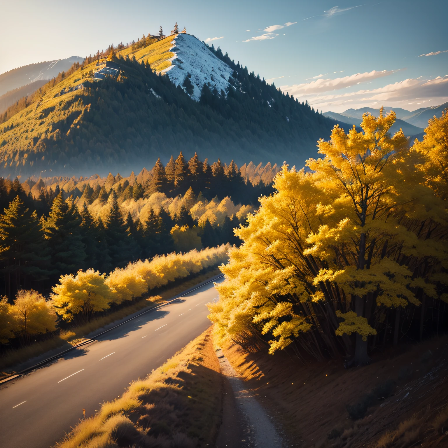 Low bushes,Rolling hills,White frost covering,Pine hanging frost,Flaming maple yellow ginkgo,Connected by dirt paths,Star-dotted florets。 --auto