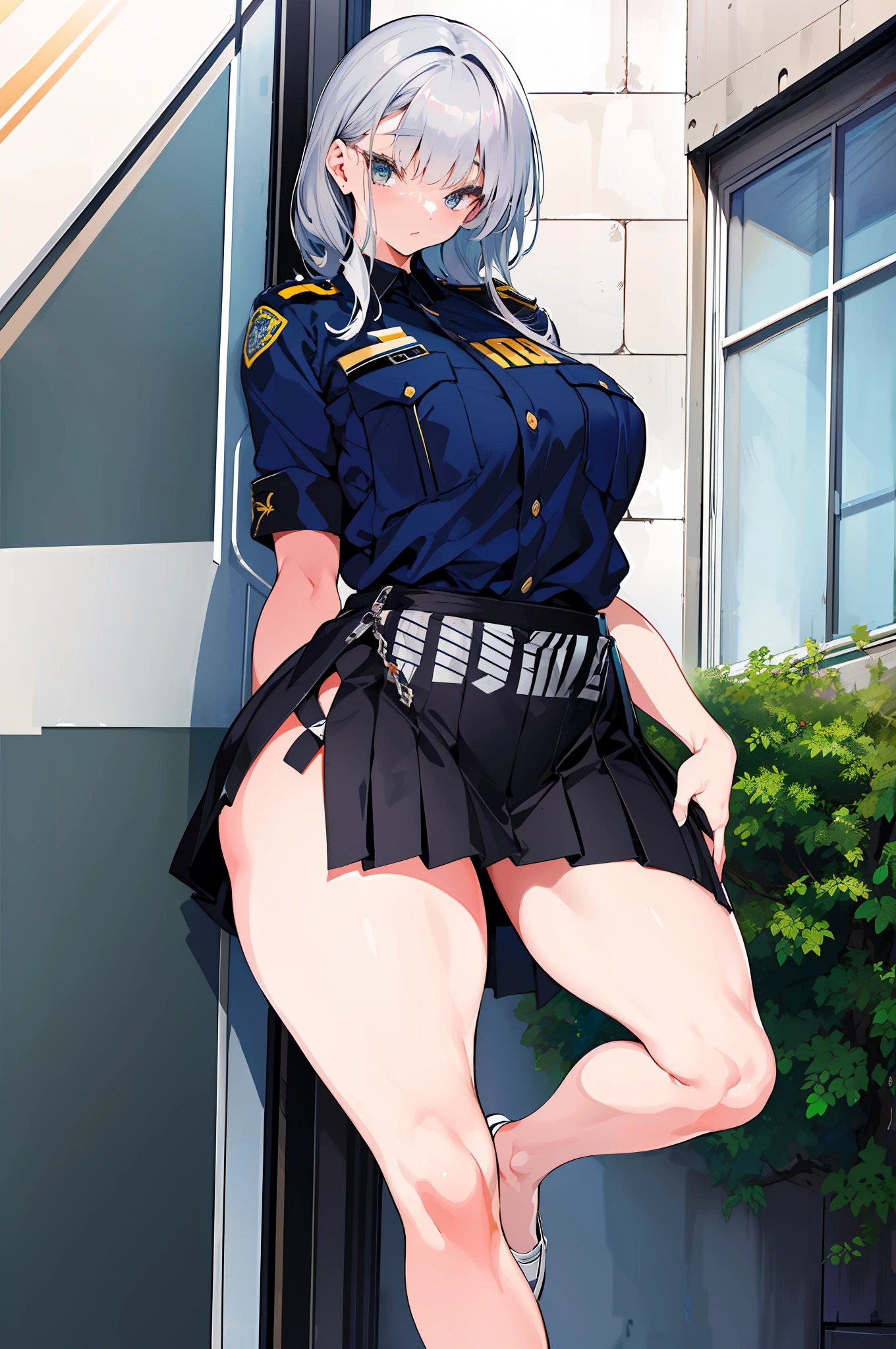 illustratio、(top-quality)、(((​masterpiece)))、(Hi-Res)、Original、(1womanl)、A sexy、Thick、Big body、silber hair,police,outside of house,(Cuffed),Forward leaning position,Pisel skirt