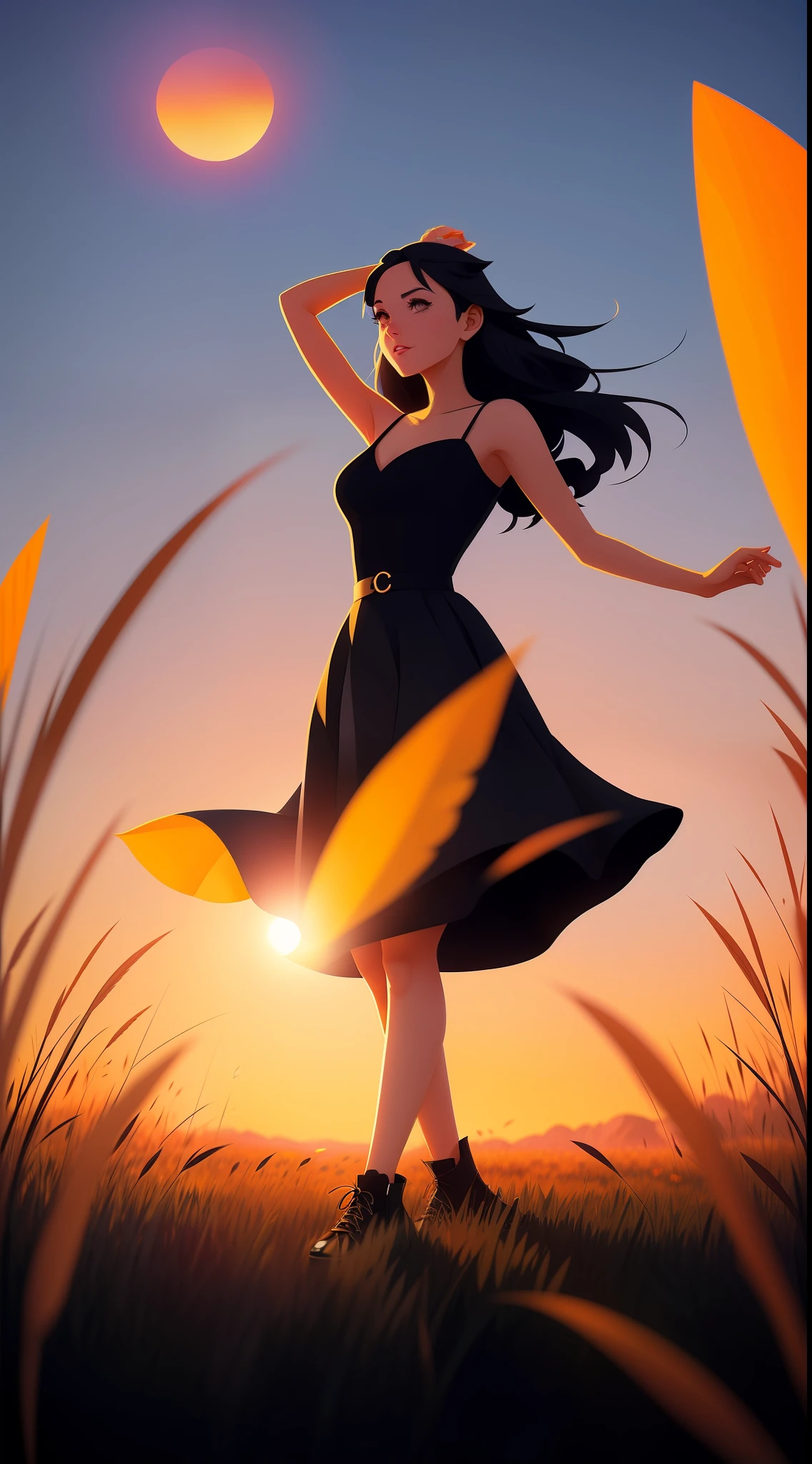 cartoon girl in a black dress dancing in a field at sunset, artgerm and atey ghailan, rob rey and kentarõ miura style, beautiful digital illustration, inspired by Cyril Rolando, stunning digital illustration, in style of cyril rolando, inspired by loish, digital art of an elegant, in the sunset --auto
