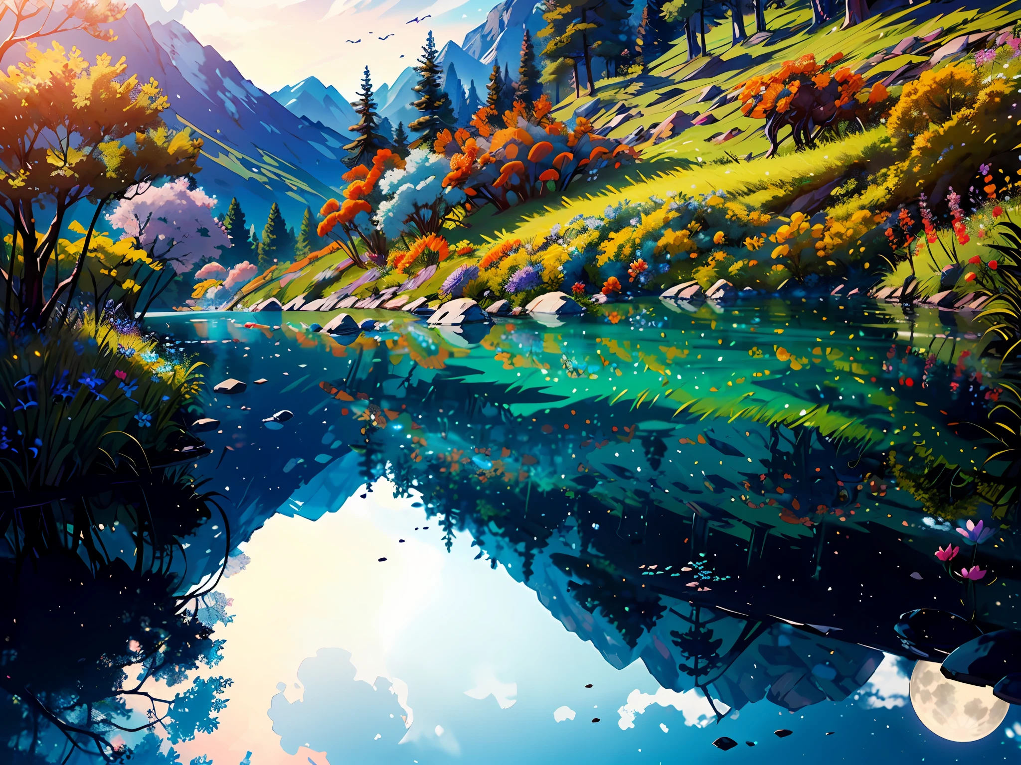Expansive landscape photograph, (view from below with a view of the sky and the wilderness below), little girl standing in a flower field looking up, (full moon: 1.2), (shooting star: 0.9), (nebula: 1.3), distant mountain, tree break production art, (warm light source: 1.2), (firefly: 1.2), lamp, purple and orange, intricate detail, volume lighting BREAK (masterpiece: 1.2), (highest quality ), 4k, ultra-detailed, (dynamic configuration: 1.4), highly detailed and colorful details (iridescent: 1.2), (sparkling lighting, atmospheric lighting), dreamy, magical, (solo: 1.2)