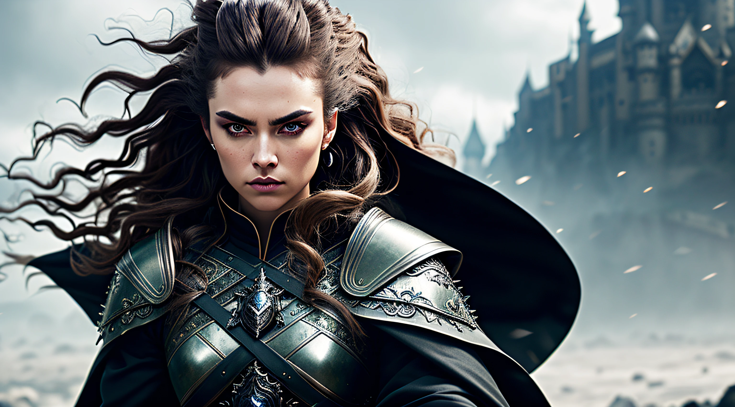 Dramatic+ 8k wallpaper medium shot waist up photo of fearsome young witch wearing intricate robes and silver pauldrons, magic+, high detail, detailed background, detailed eyes, wild hair, wind blown hair, cinematic lighting, masterpiece, best quality, high contrast, soft lighting, backlighting, bloom, light sparkles, chromatic aberration, smooth, sharp focus