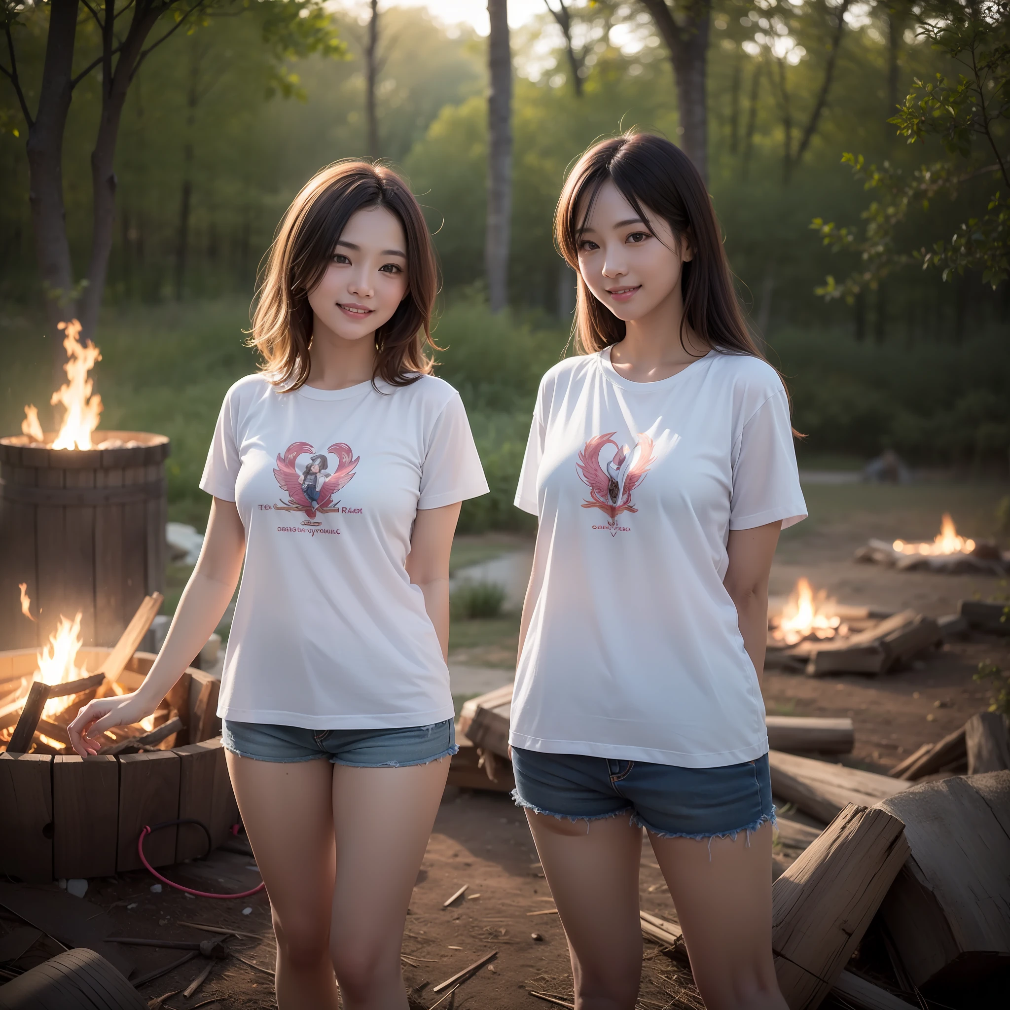 Two girls、campsite、teepee、bonfire、loimu、Burning wood、The whole body is shown.、Talk with a smile、Laugh、tshirts、(photoRealstic:1.4)、(hyper realisitic:1.4)、(reallistic:1.3)、(Smooth lighting:1.05)、(Improved cinematic lighting quality:0.9)、32K、2girls、20 years girl、Realistic lighting、Back lighting、Facial Lights、raytrace、(Whitening light:1.2)、(Image quality improvement:1.4)、(Best image quality real skin:1.4)、finely eye、finerly detailed face、(Increased mood of the body line:1.1)、(Increased beauty of skin texture:1.1)、2-player camp、