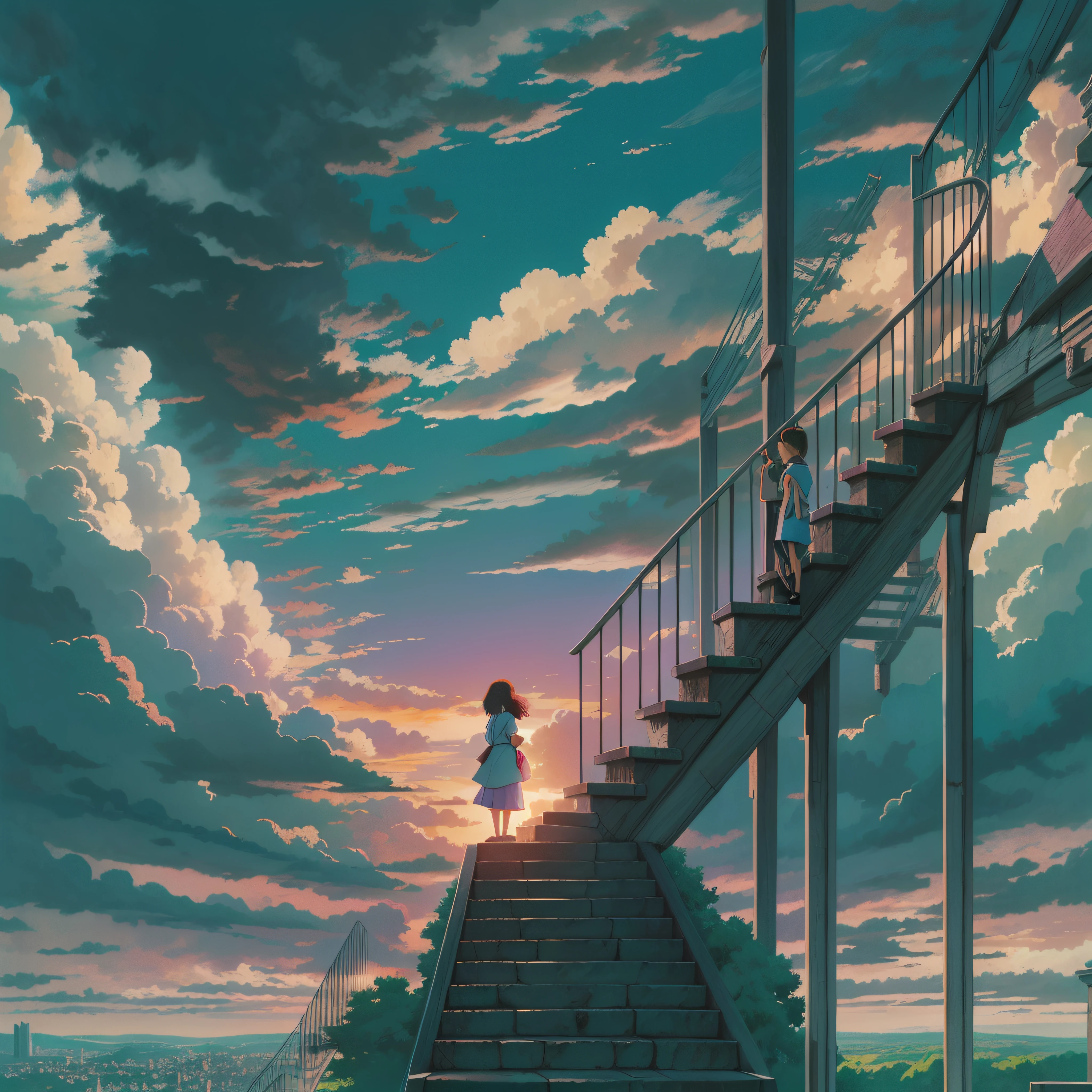animesque、Skyscape with clouds、Purple sunset sky、Deities々Shikai、stairway、You can see the touch of the brush、no human figures、Studio Ghibli、Ghibli、Scenery、Style、The light is sparkling、sky line