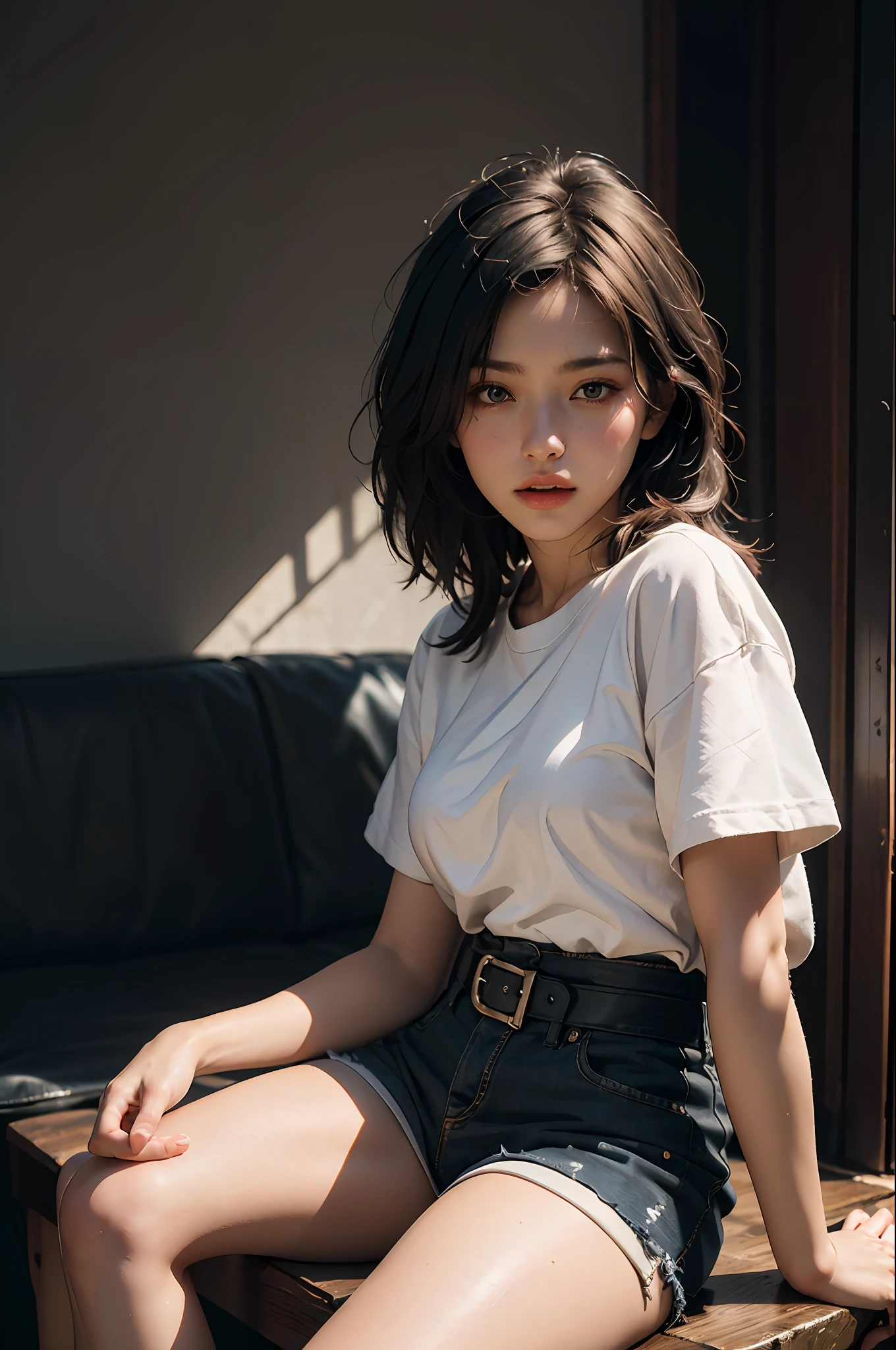 Best quality, masterpiece, ultra high res, (photorealistic:1.4), raw photo, 1girl, waist up, sitting, deep shadow, dark theme