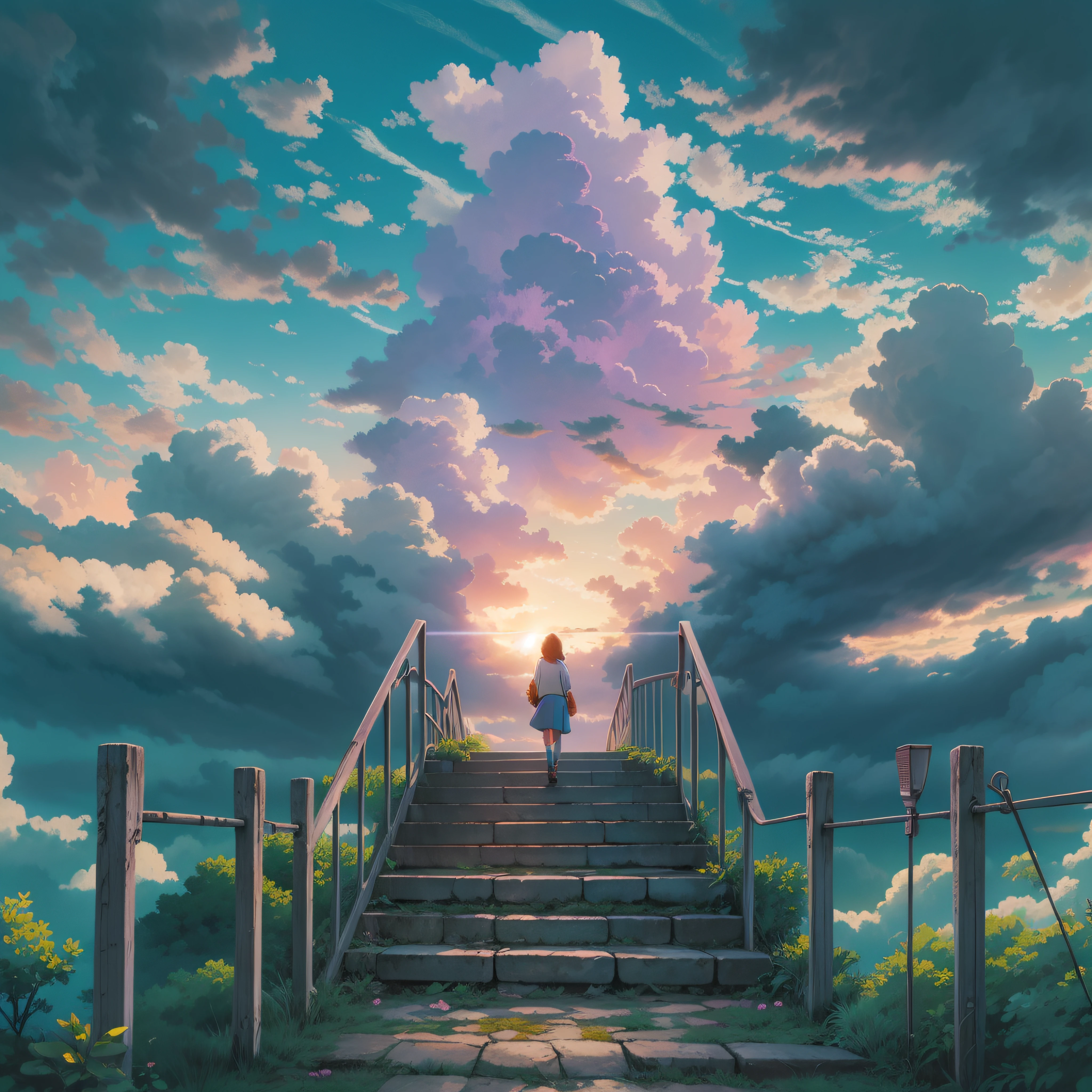 animesque、Skyscape with clouds、Purple sunset sky、Deities々Shikai、stairway、You can see the touch of the brush、no human figures、Studio Ghibli、Ghibli、Scenery、Style、The light is sparkling、sky line