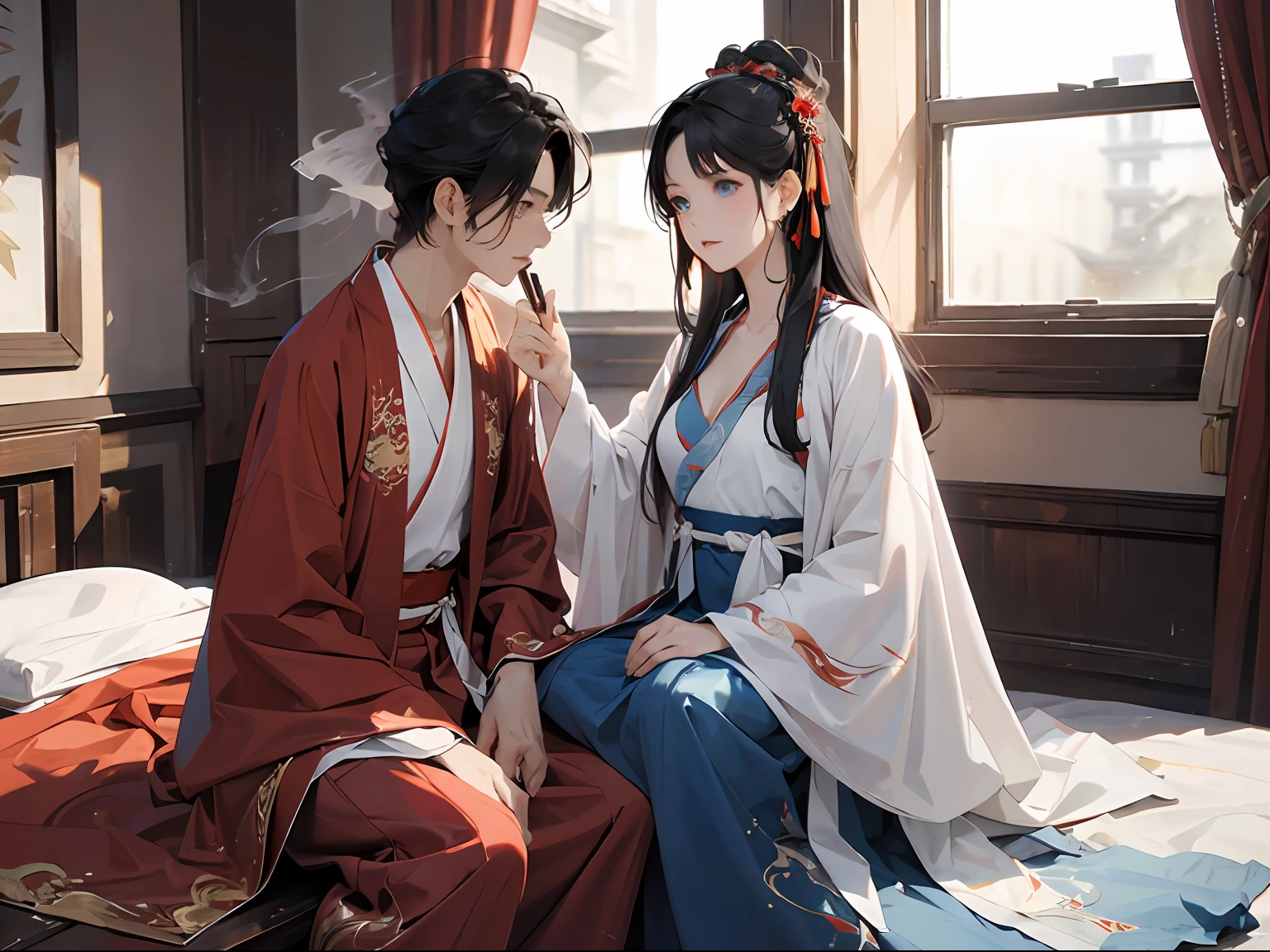 tmasterpiece,highest quality,closeup cleavage,1 man and 1 woman,Sitting on the bedside,red color Hanfu,woman,long whitr hair,White,blue color eyes,red color Hanfu,Be red in the face,Hand to,is shy,at a loss,Man,Smoke pipes,Red and gold dress,hanstyle,printed robe