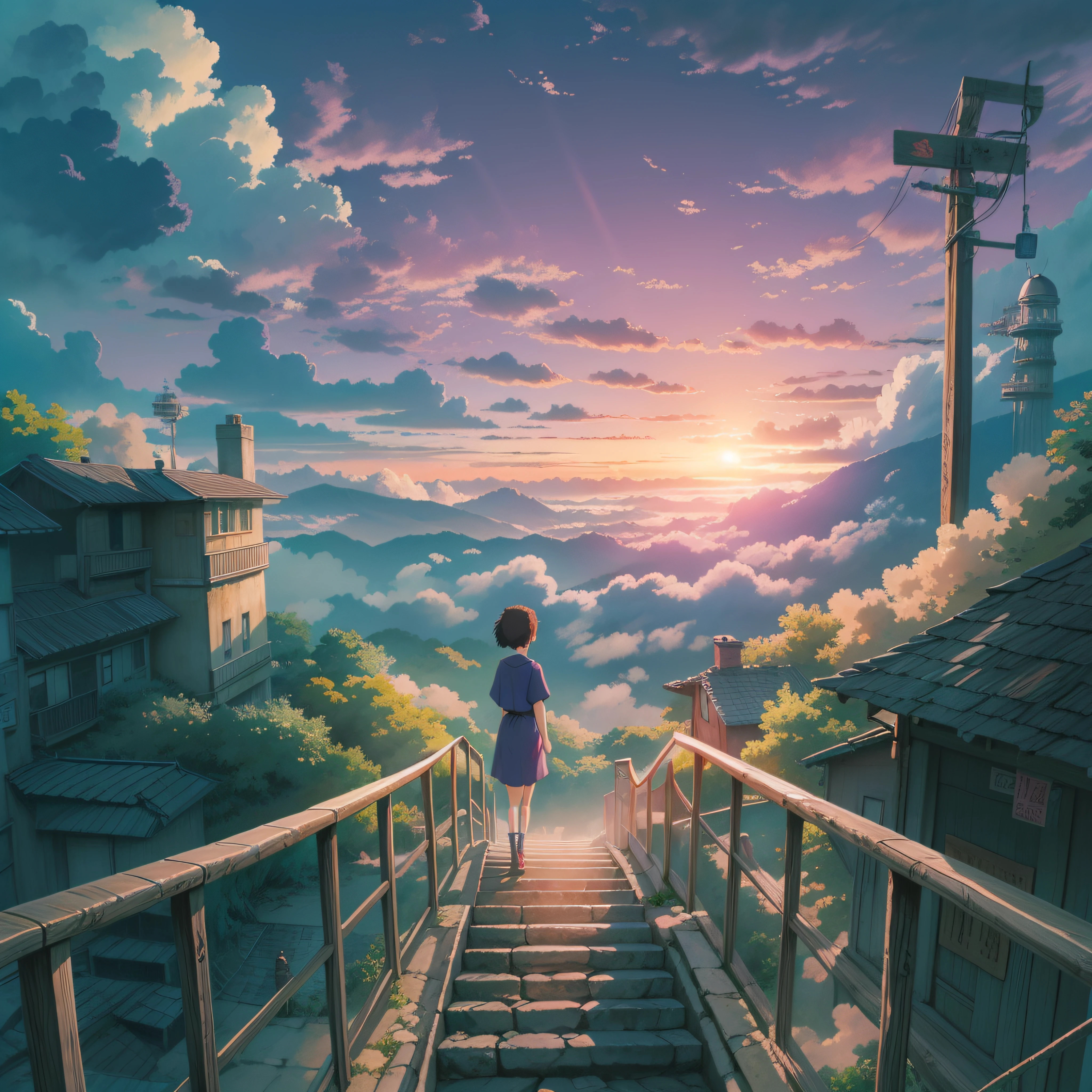 animesque、Skyscape with clouds、Purple sunset sky、Deities々Shikai、stairway、You can see the touch of the brush、no human figures、Studio Ghibli、Ghibli、Scenery、Style、The light is sparkling、sky line