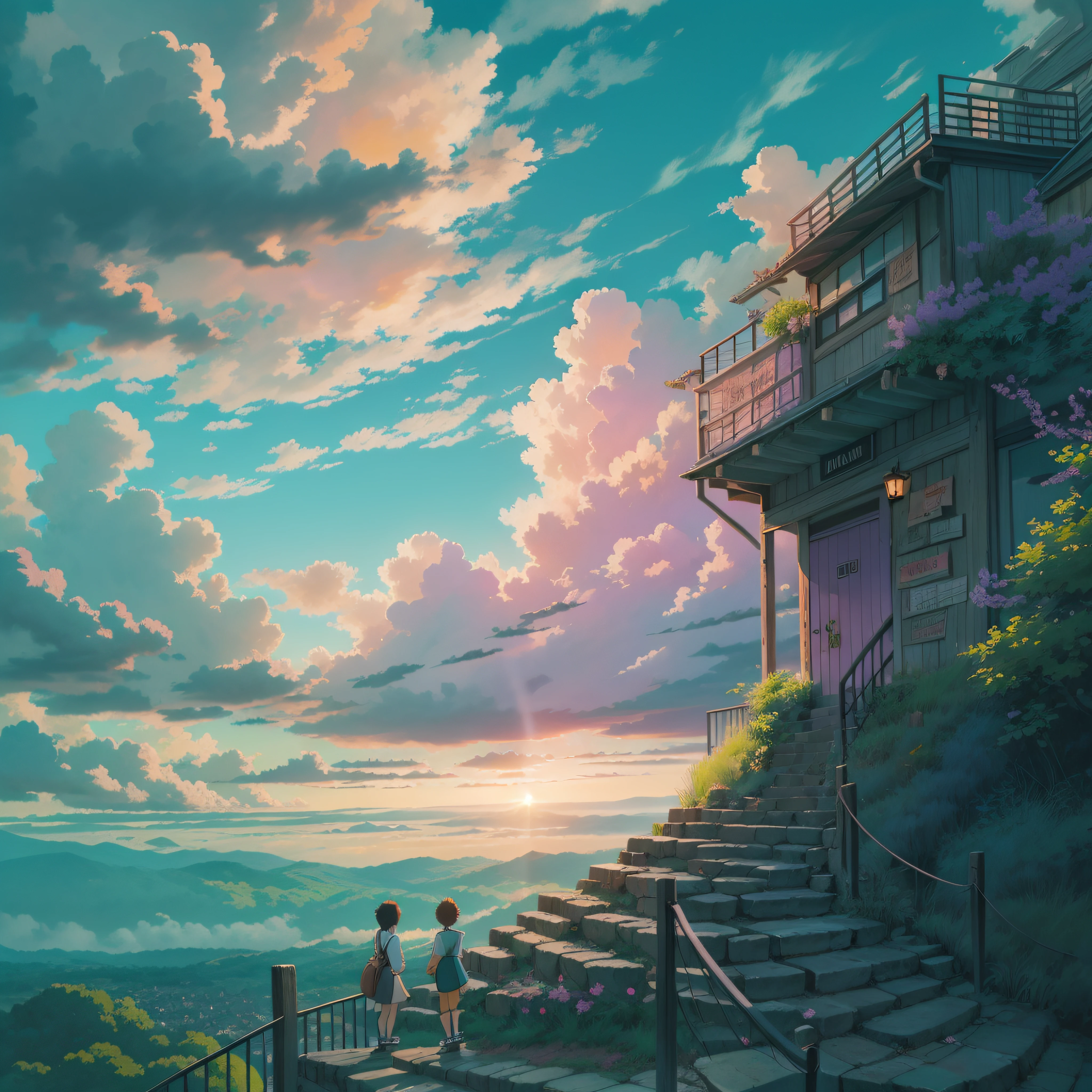 animesque、Skyscape with clouds、Purple sunset sky、Deities々Shikai、stairway、You can see the touch of the brush、no human figures、Studio Ghibli、Ghibli、Scenery、Style、The light is sparkling、sky line