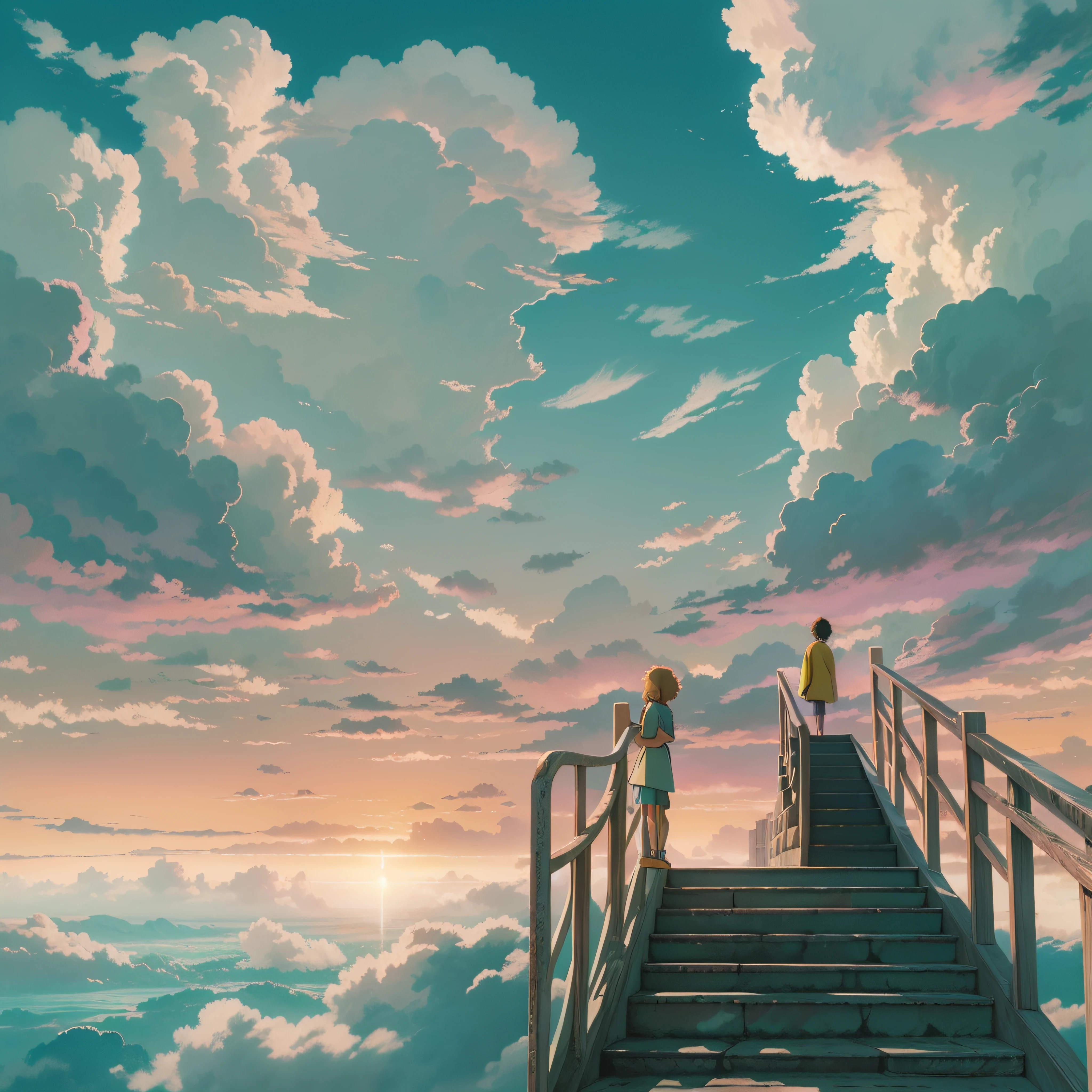 animesque、Skyscape with clouds、Purple sunset sky、Deities々Shikai、stairway、You can see the touch of the brush、no human figures、Studio Ghibli、Ghibli、Scenery、Style、The light is sparkling、sky line