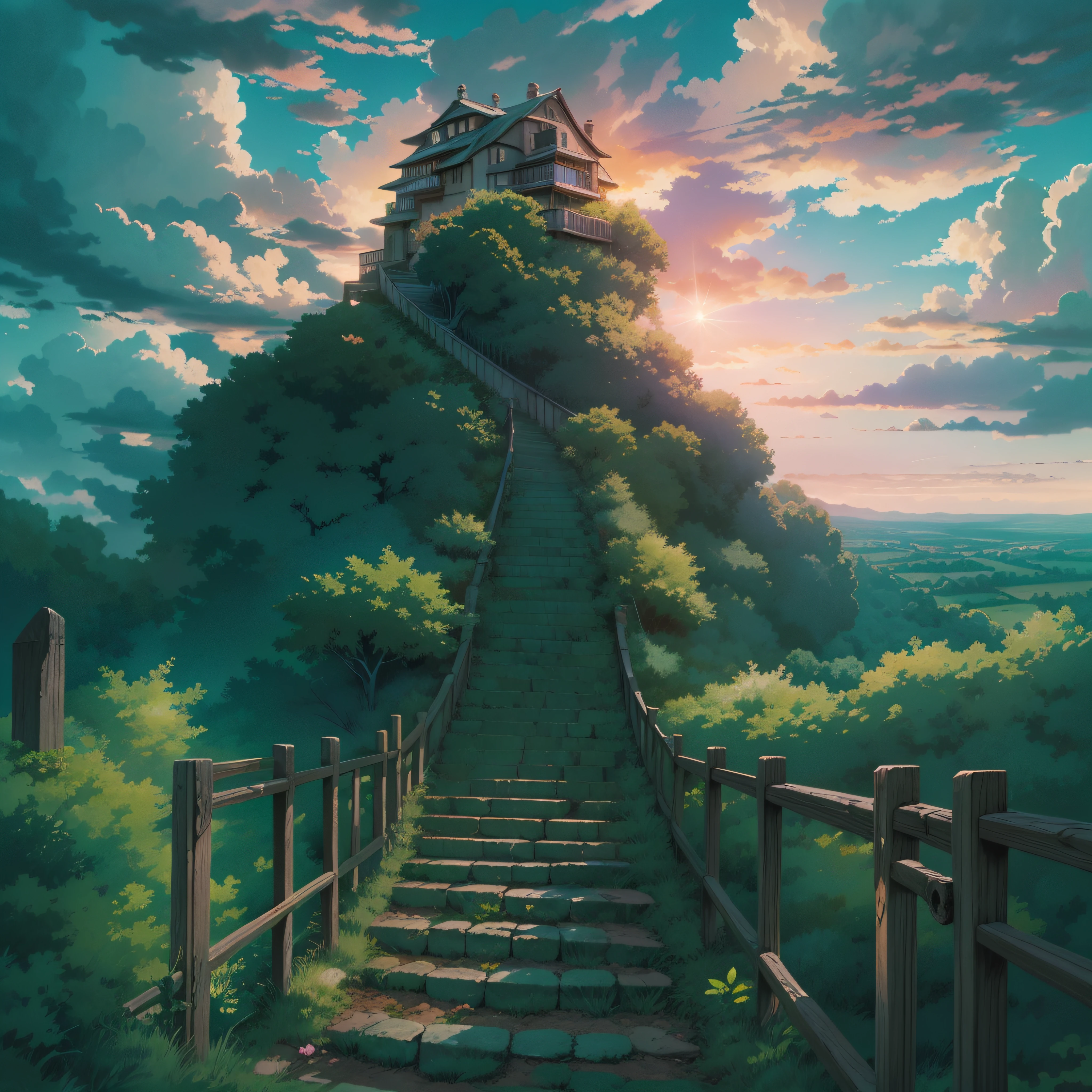 animesque、Skyscape with clouds、Purple sunset sky、Deities々Shikai、stairway、You can see the touch of the brush、no human figures、Studio Ghibli、Ghibli、Scenery、Style、The light is sparkling、sky line