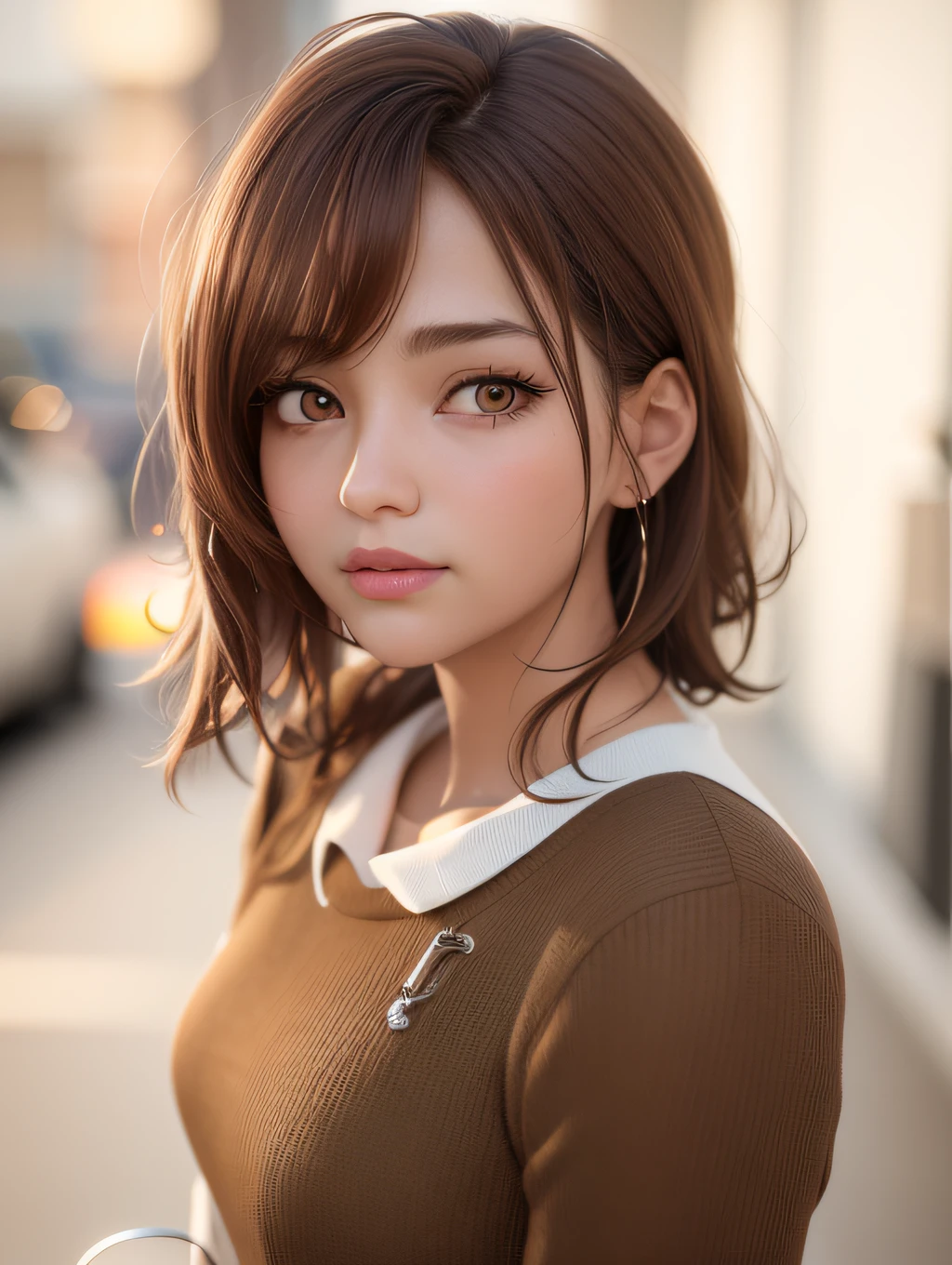 Close up portrait of woman in brown sweater and white shirt, photorealistic anime, photorealistic anime girl render, realistic anime 3 d style, 3 d anime realistic, [ 4 k photorealism ]!!, cute natural anime face, kawaii realistic portrait, brown hair and large eyes, Smooth Anime CG Art, realistic young anime girl